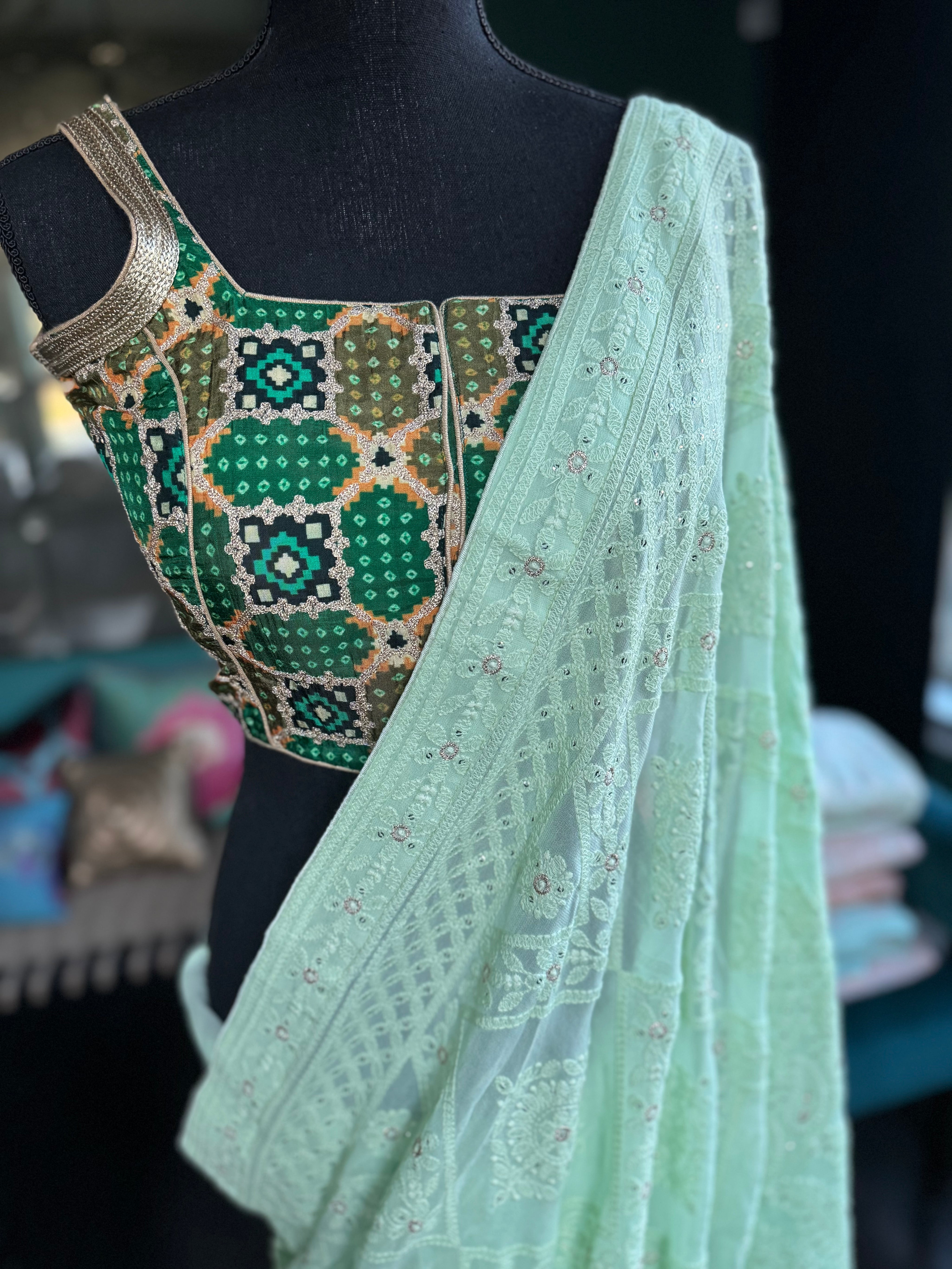 Designer Blouse - Green Black Woven