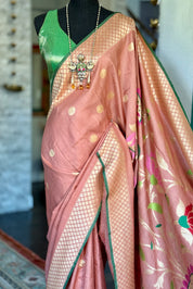 Khaddi Tussar Banarasi -  Gajri Pink Green Paithani
