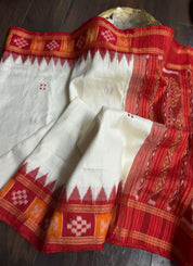 Pure Mukberry Silk Sambalpuri Ikat - Cream Red Orange Pasapale Border