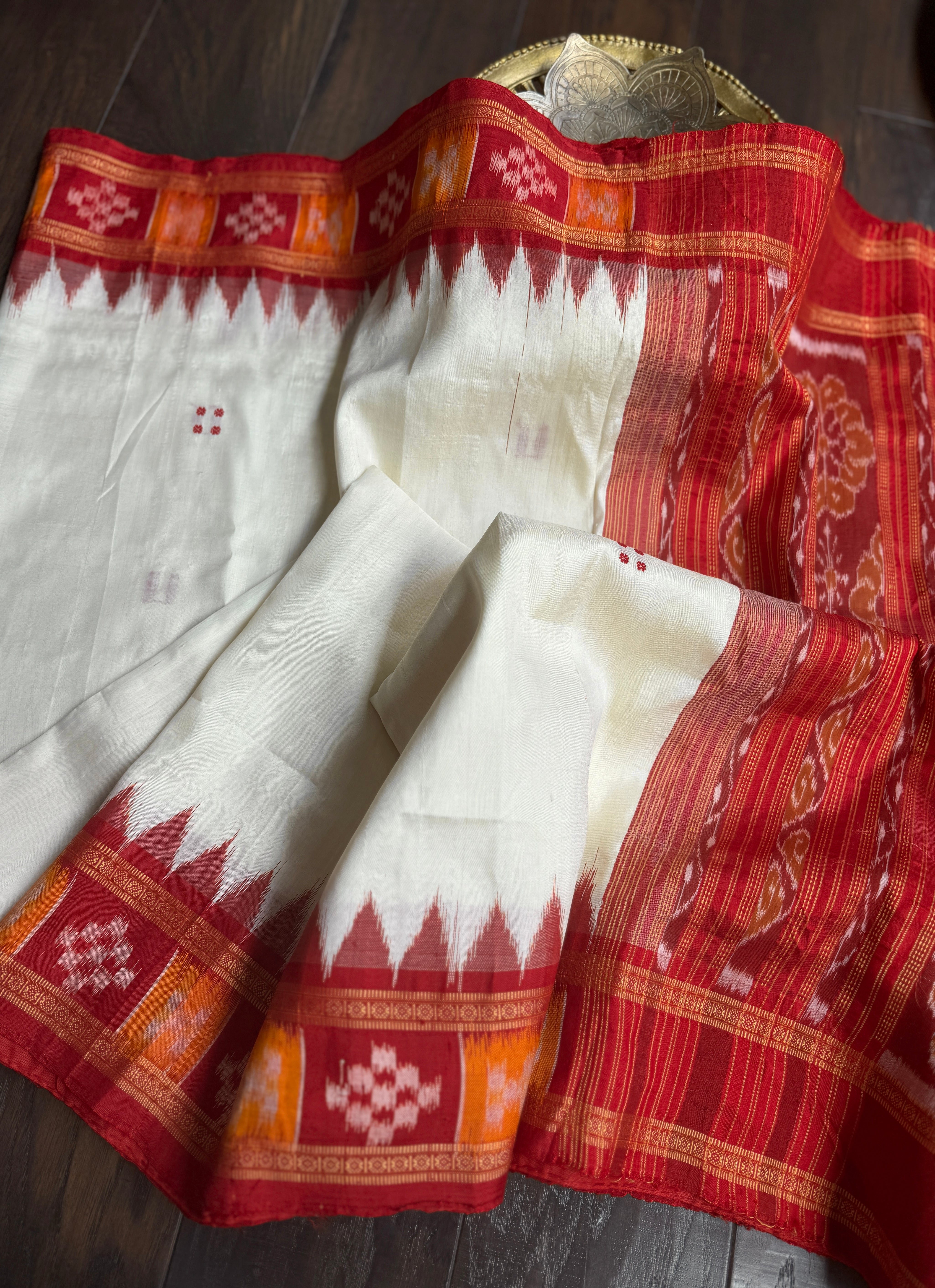 Pure Mukberry Silk Sambalpuri Ikat - Cream Red Orange Pasapale Border