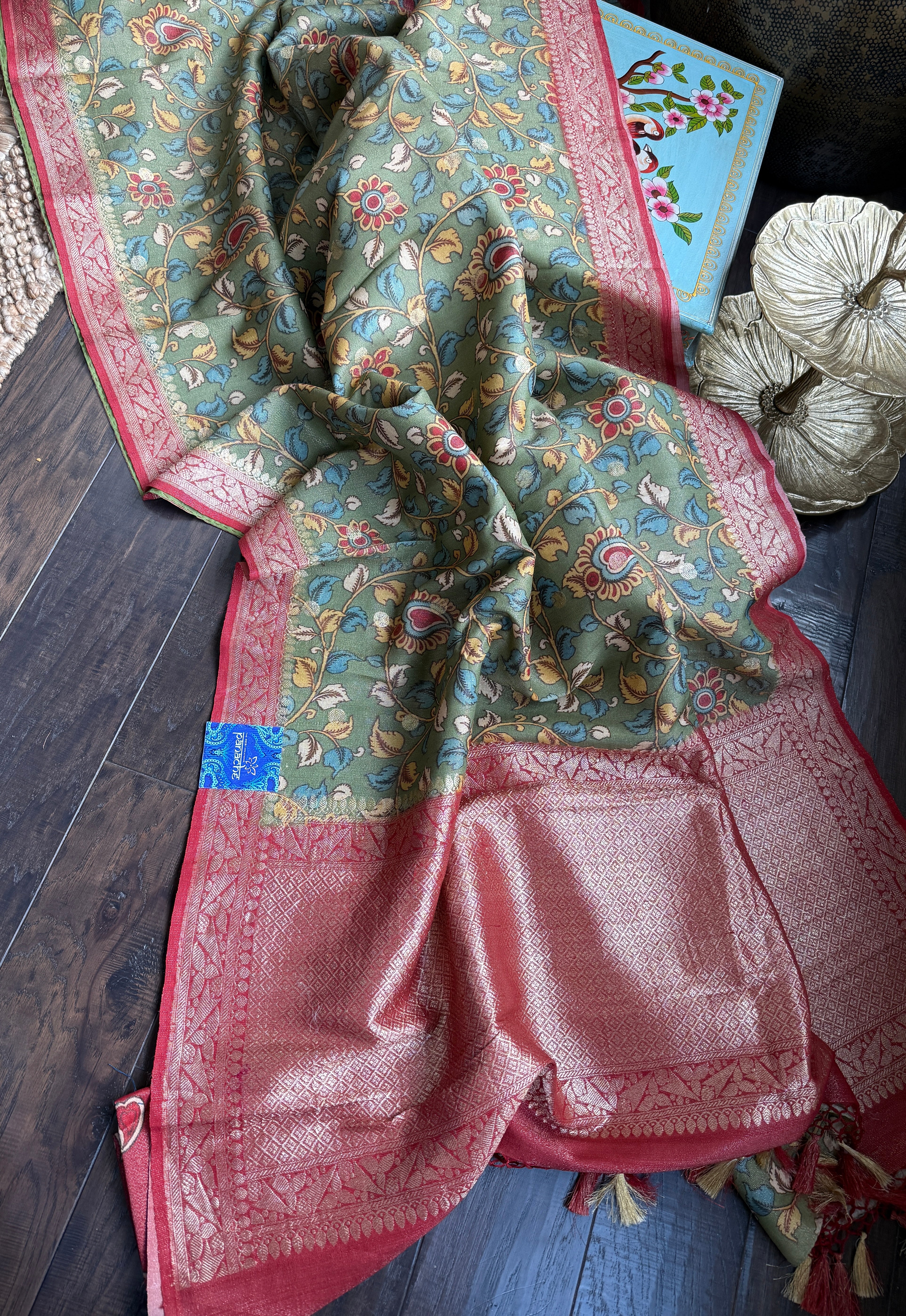 Tussar Silk Kalamkari Banarasi- Green Red