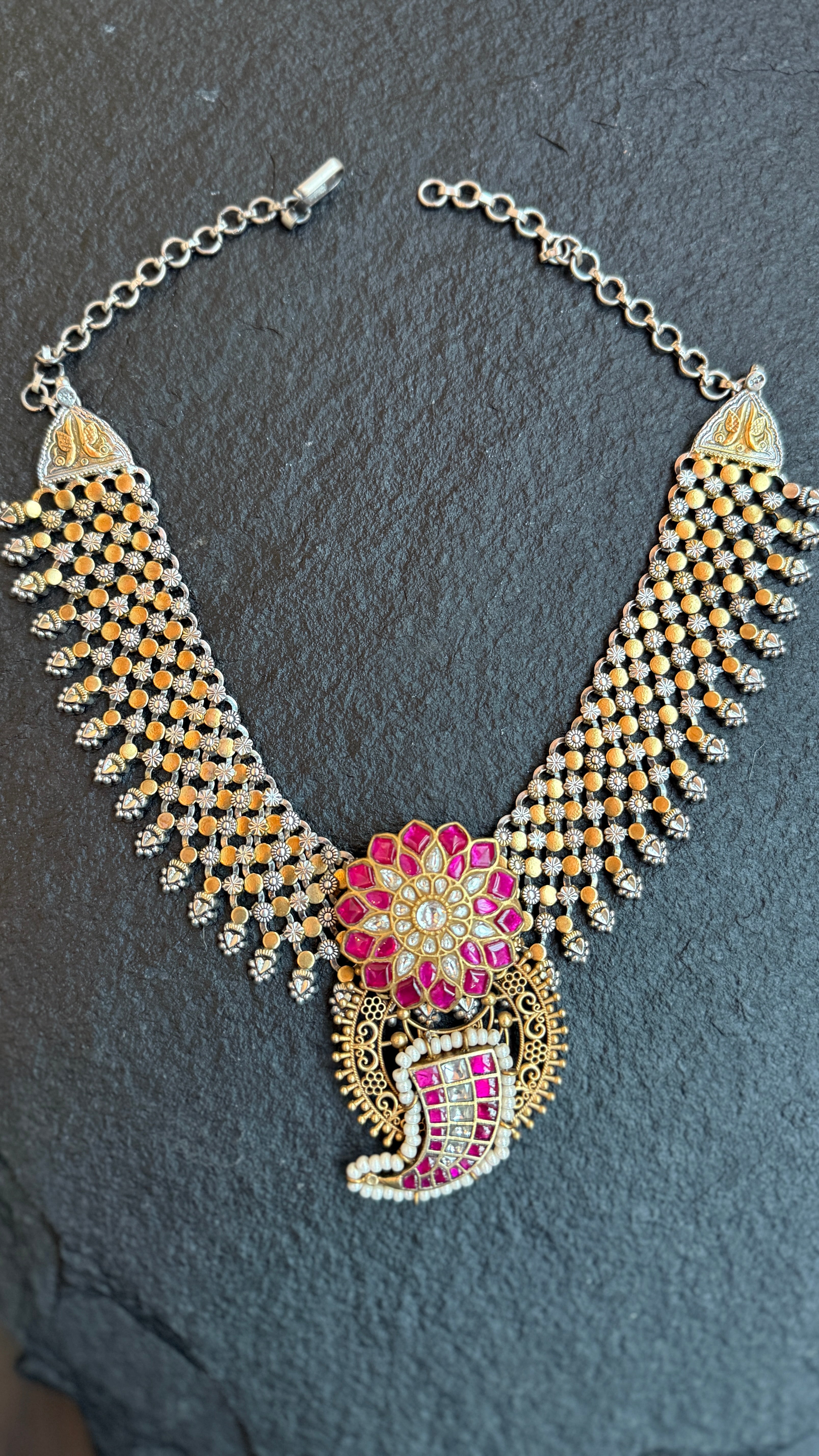 Pure Silver 925 Necklace- Kundan Pendant Statement Dual Tone