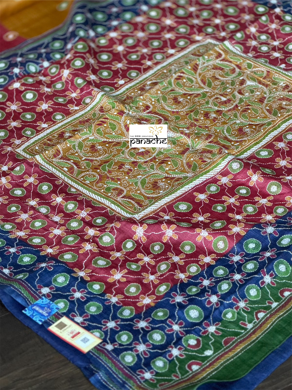 Pure Tussar Silk Sujni Kantha Stitch -  Blue Multi Color