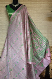 Pure Tussar Silk Kantha Stitch -  Light Pink Green