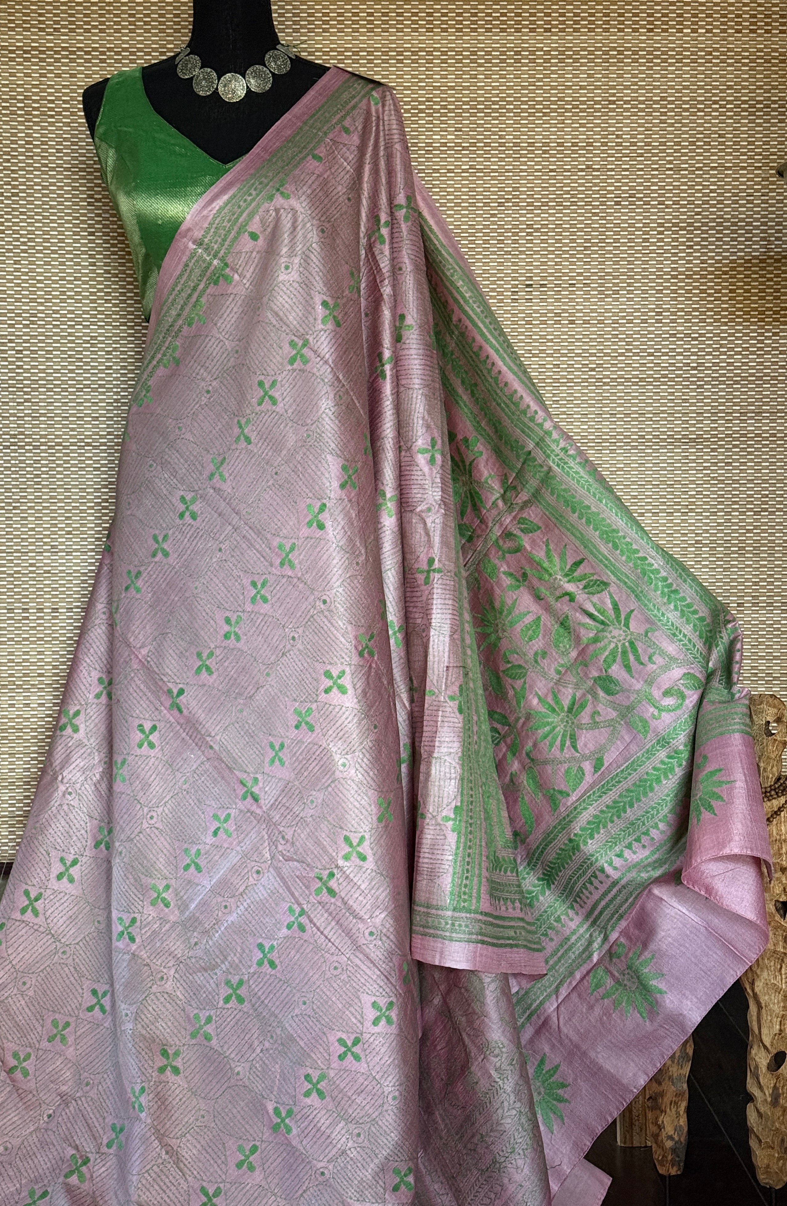 Pure Tussar Silk Kantha Stitch -  Light Pink Green