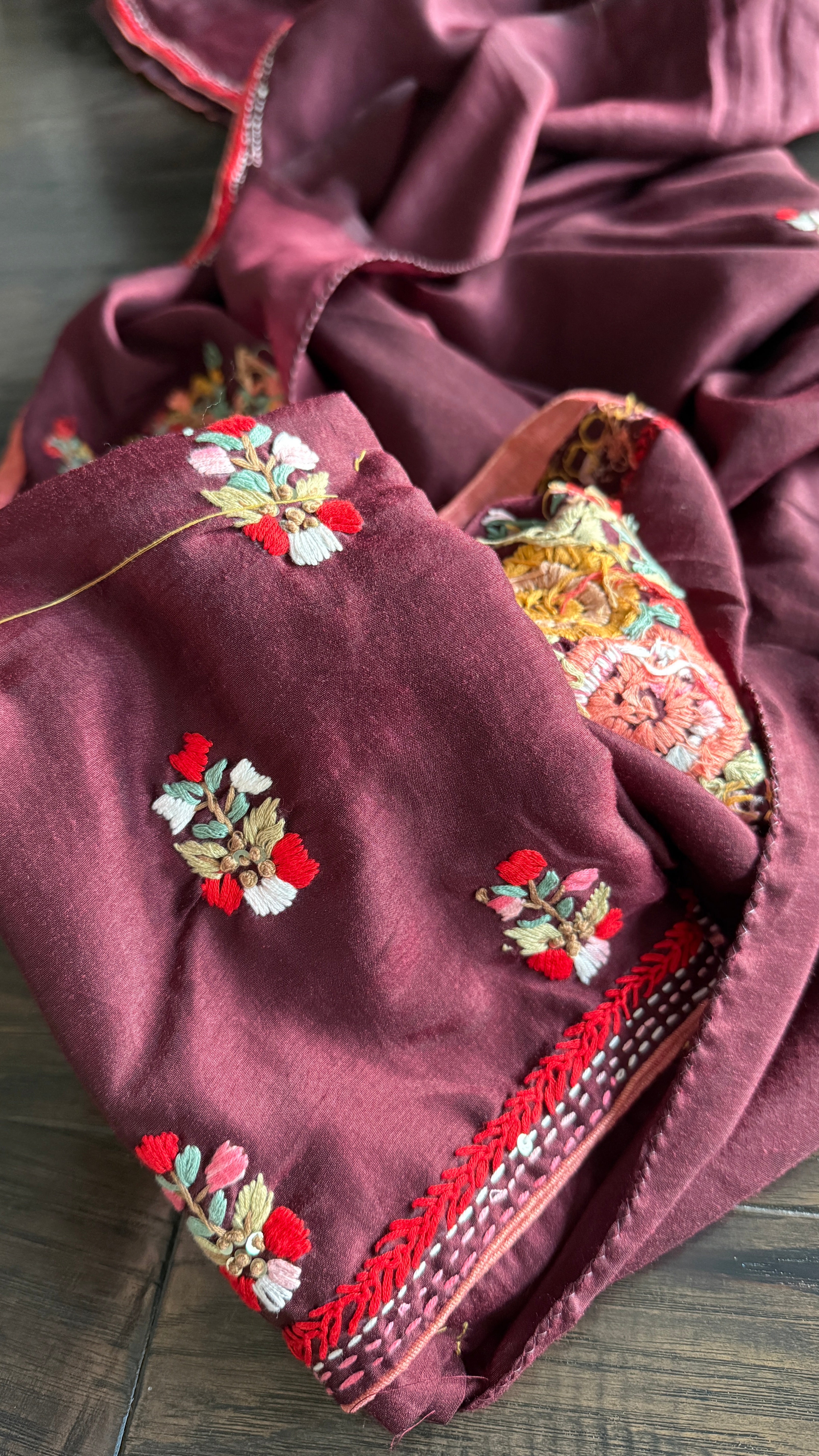 Designer Muga Embroidered - Wine Maroon