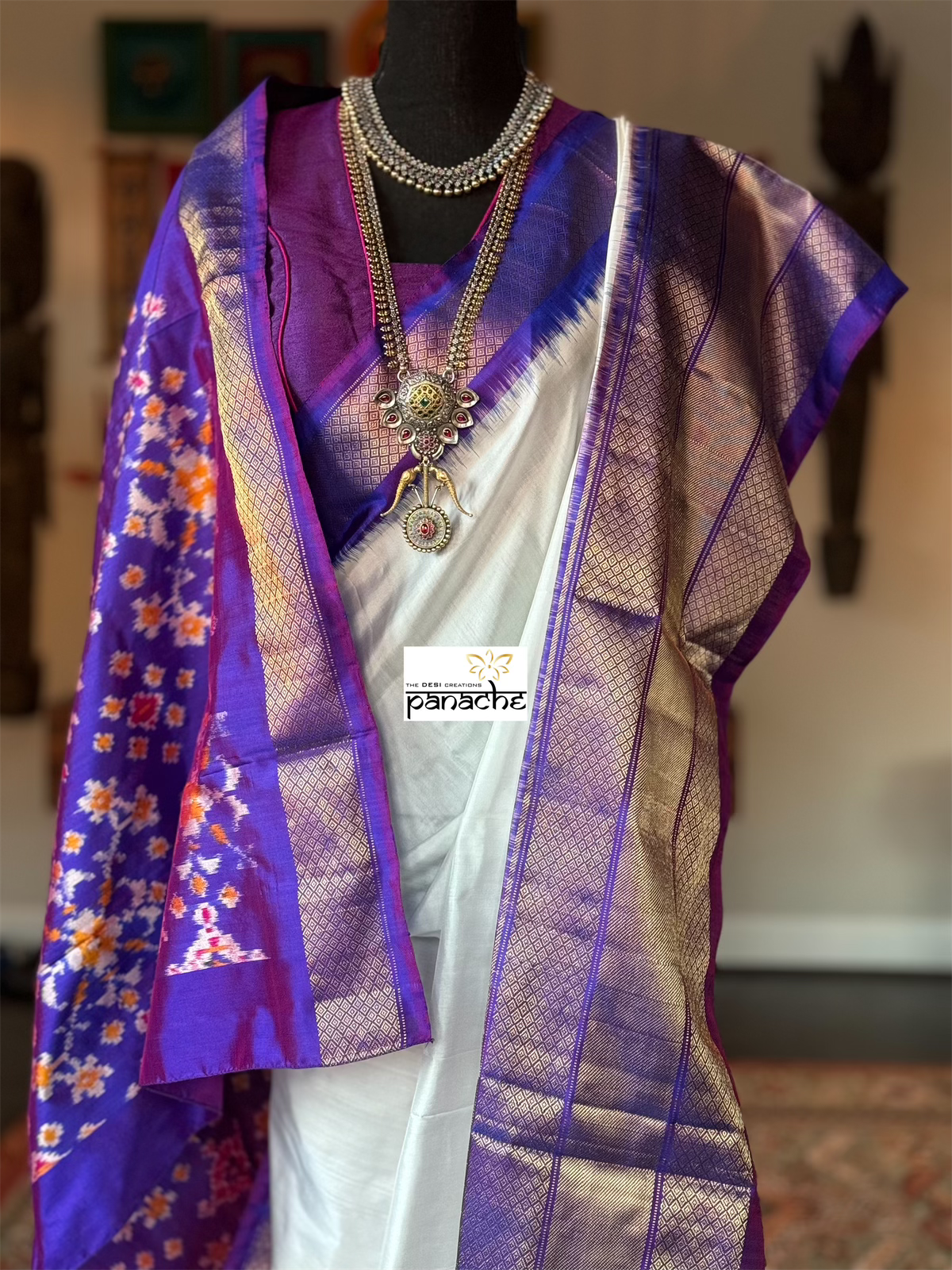 Pure Silk Ikat - White Purple Pochampally