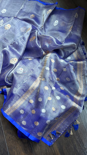 Tissue Organza Silk Banarasi - Blue Metallic Meenakari