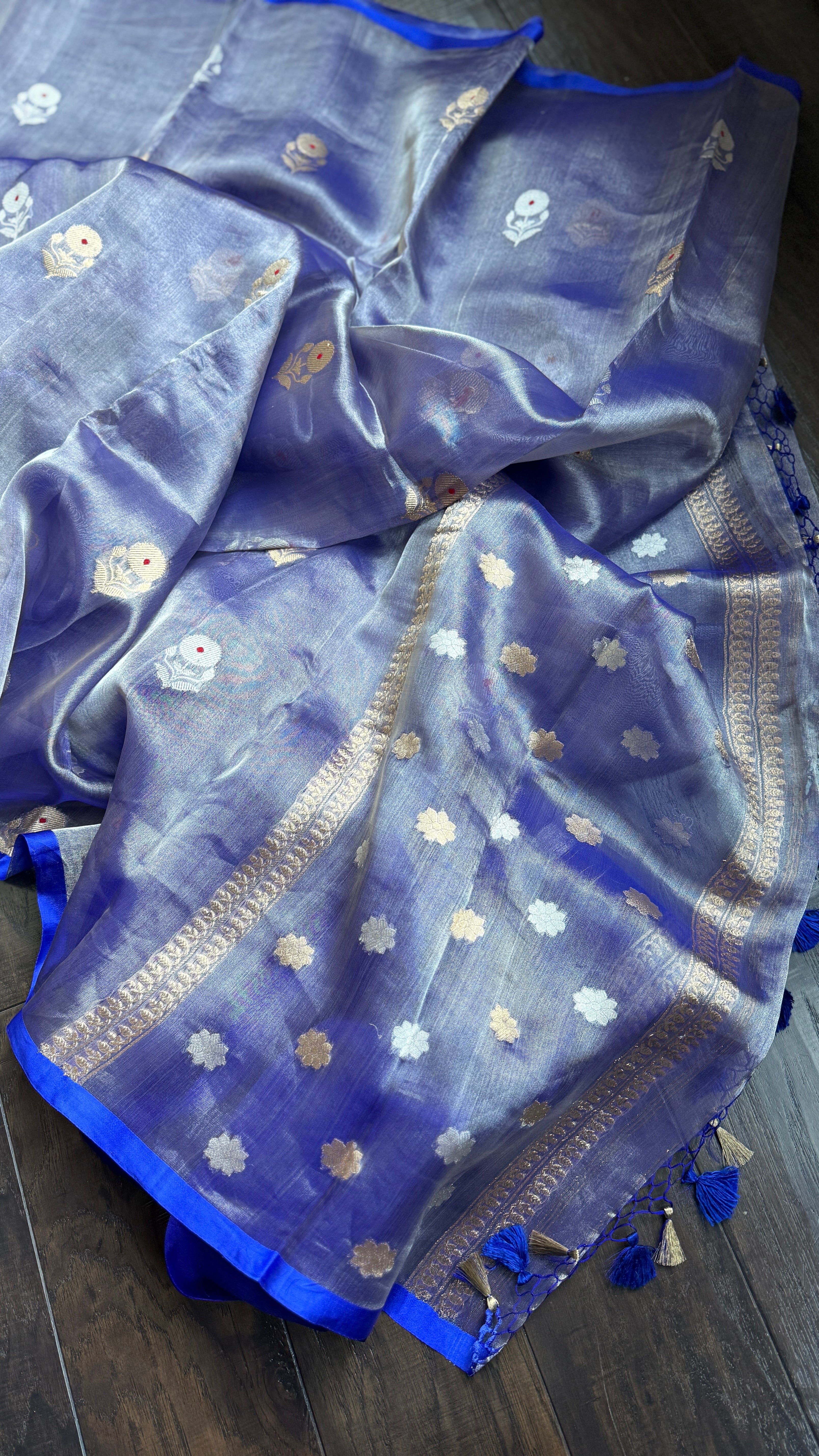 Tissue Organza Silk Banarasi - Blue Metallic Meenakari