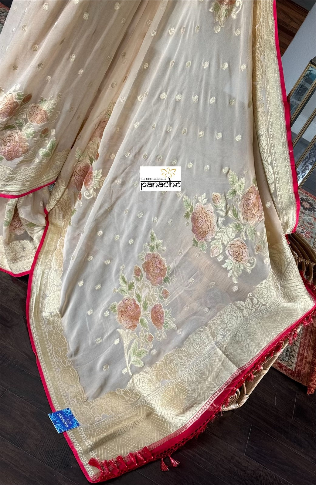 Khaddi Georgette Banarasi - Tan Beige Red