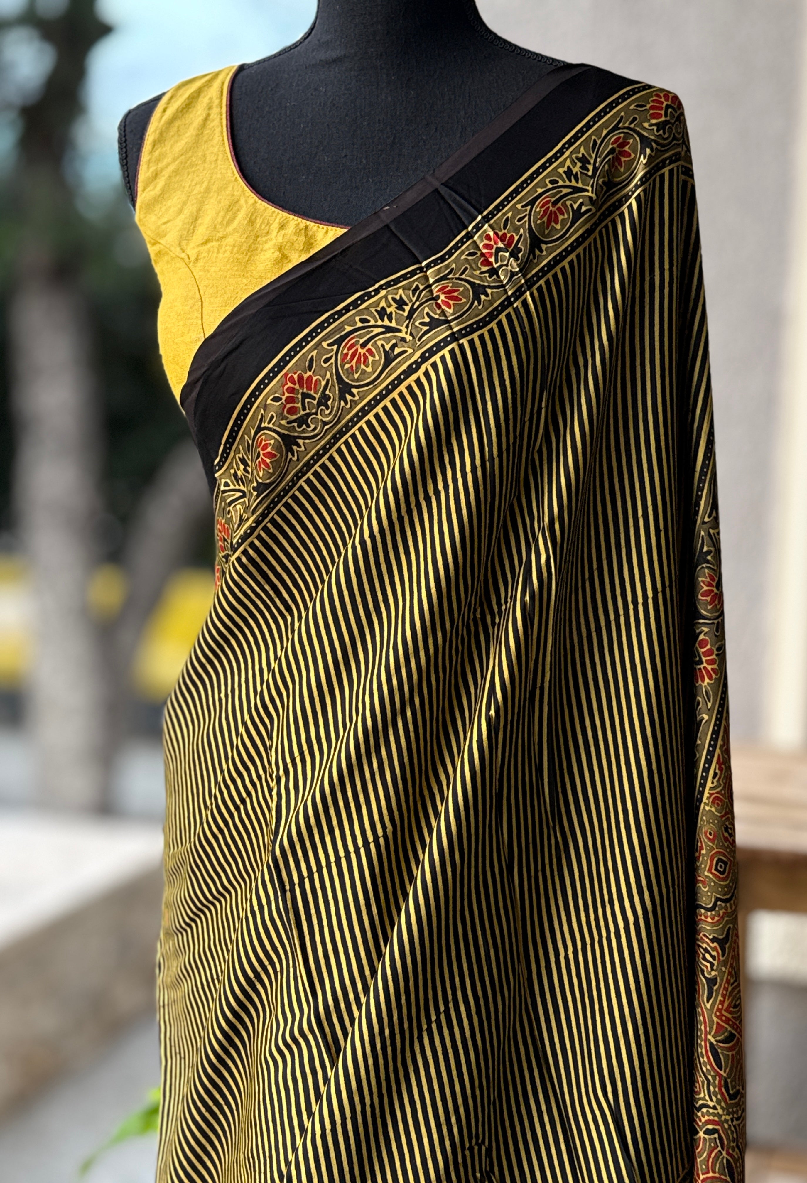 Modal Silk Ajrakh - Greenish Yellow Black Striped