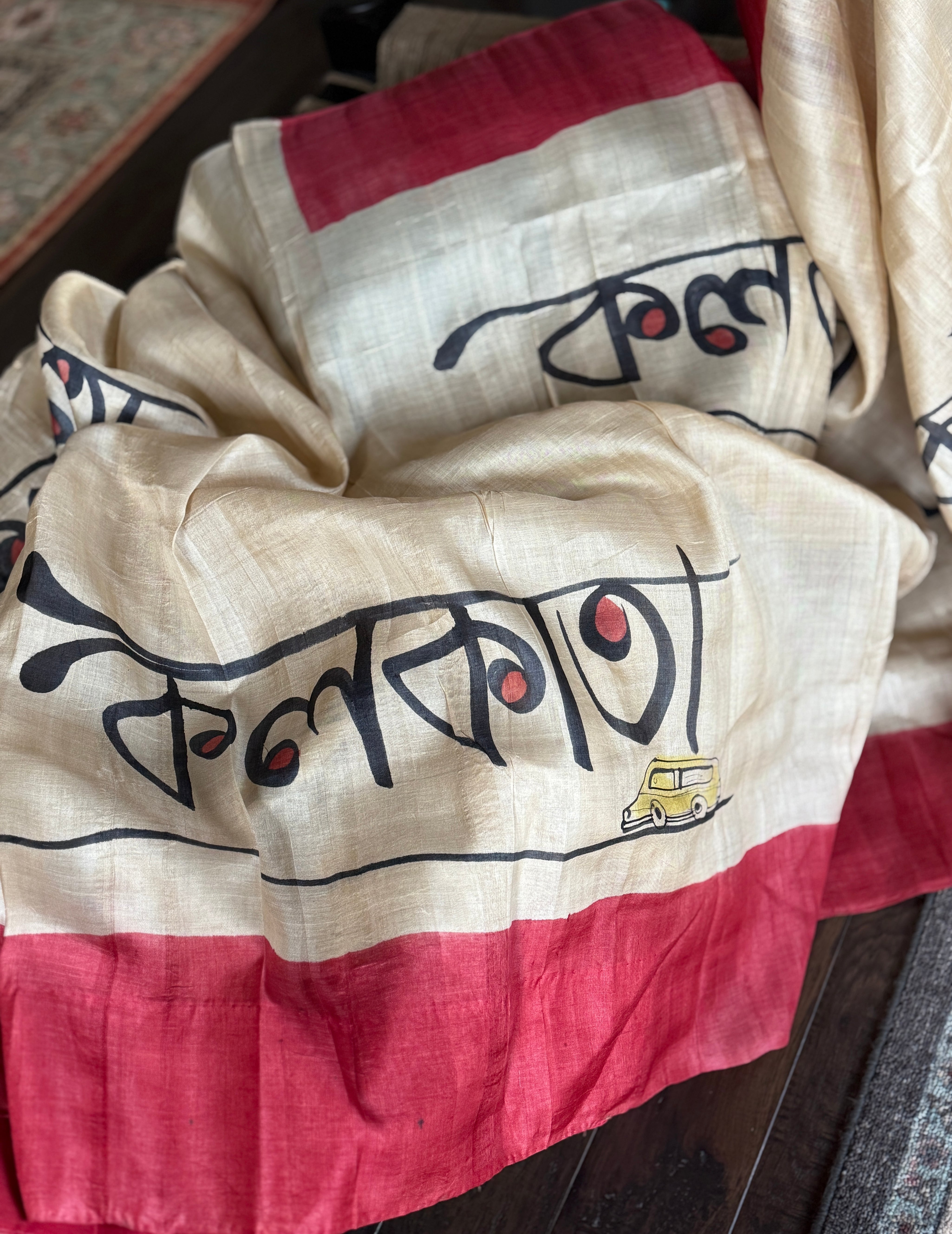 Pure Tussar Silk -  Cream Black Red Kolkata Printed