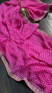 Designer Satin Georgette - Pink Bandhej Print