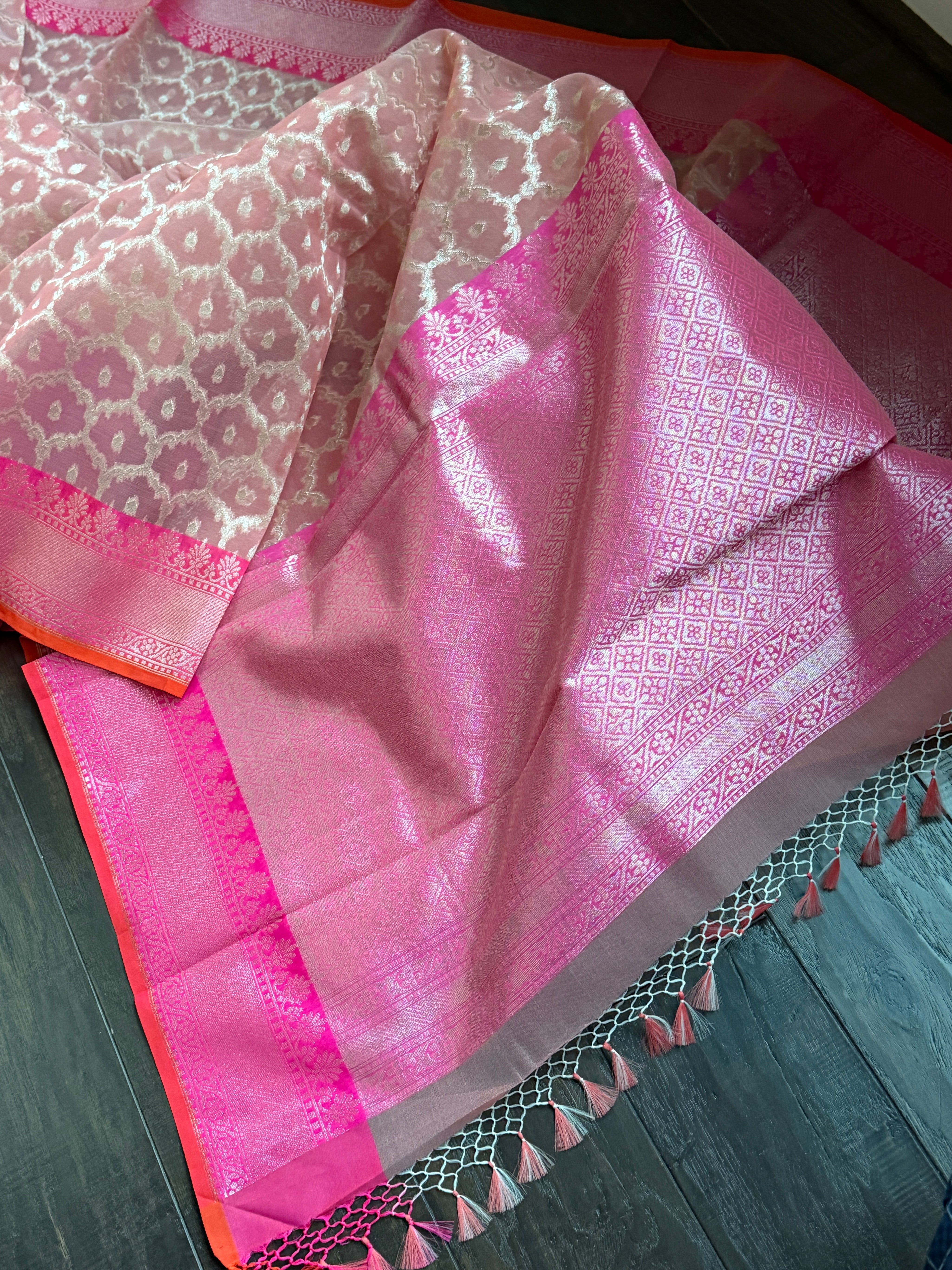 Kora Silk Banaras Chanderi - Peach Pink