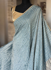 Pure Muga Chiffon Banarasi - Grey Blue Crushed Gold Zari