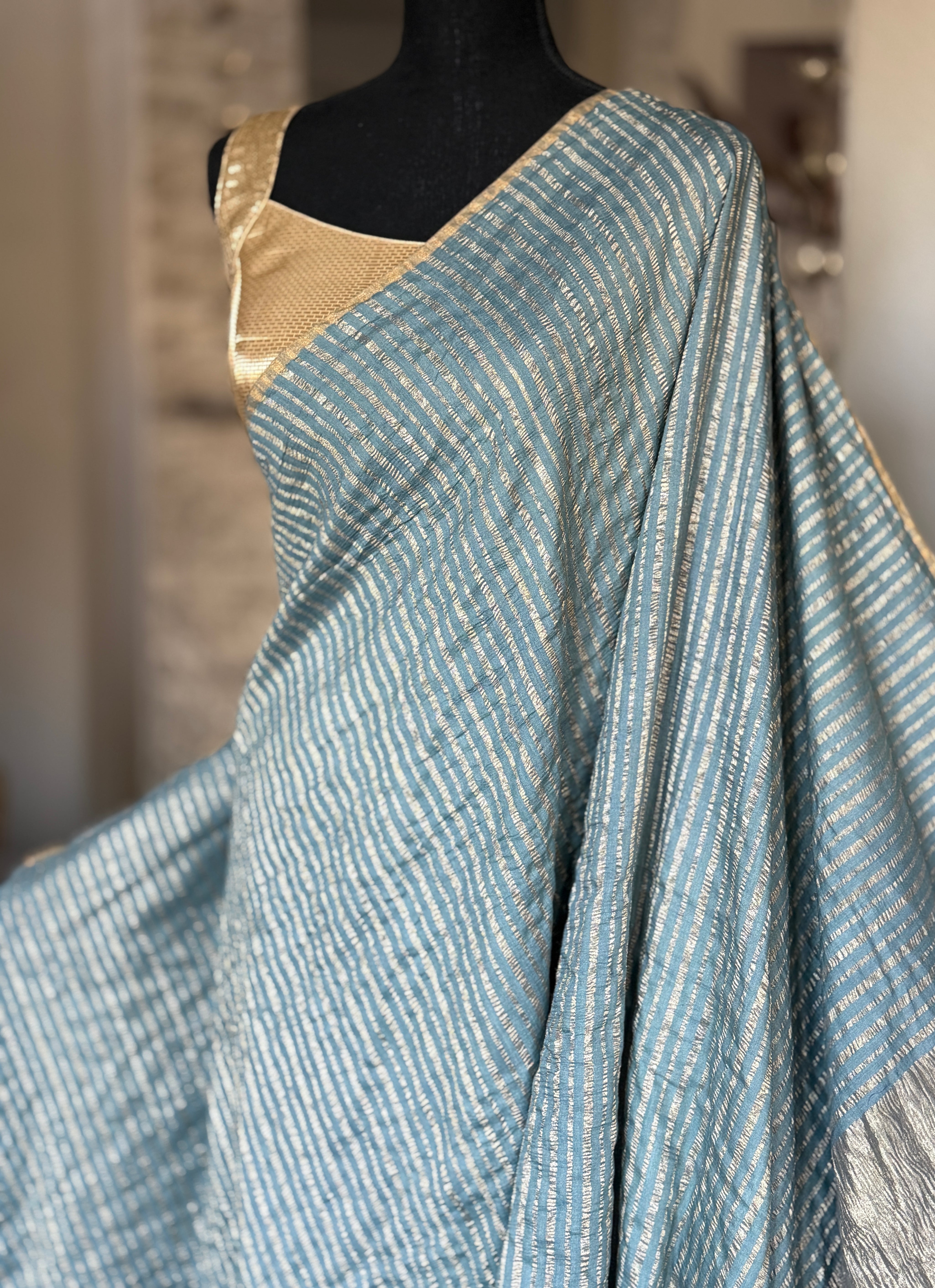 Pure Muga Chiffon Banarasi - Grey Blue Crushed Gold Zari