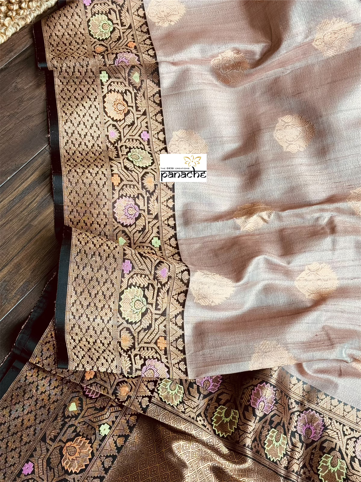 Tussar Silk Banarasi - Light Peach Brow Antique Zari