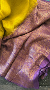Tussar Silk Banarasi - Lemon Ochre Purple Antique Zari