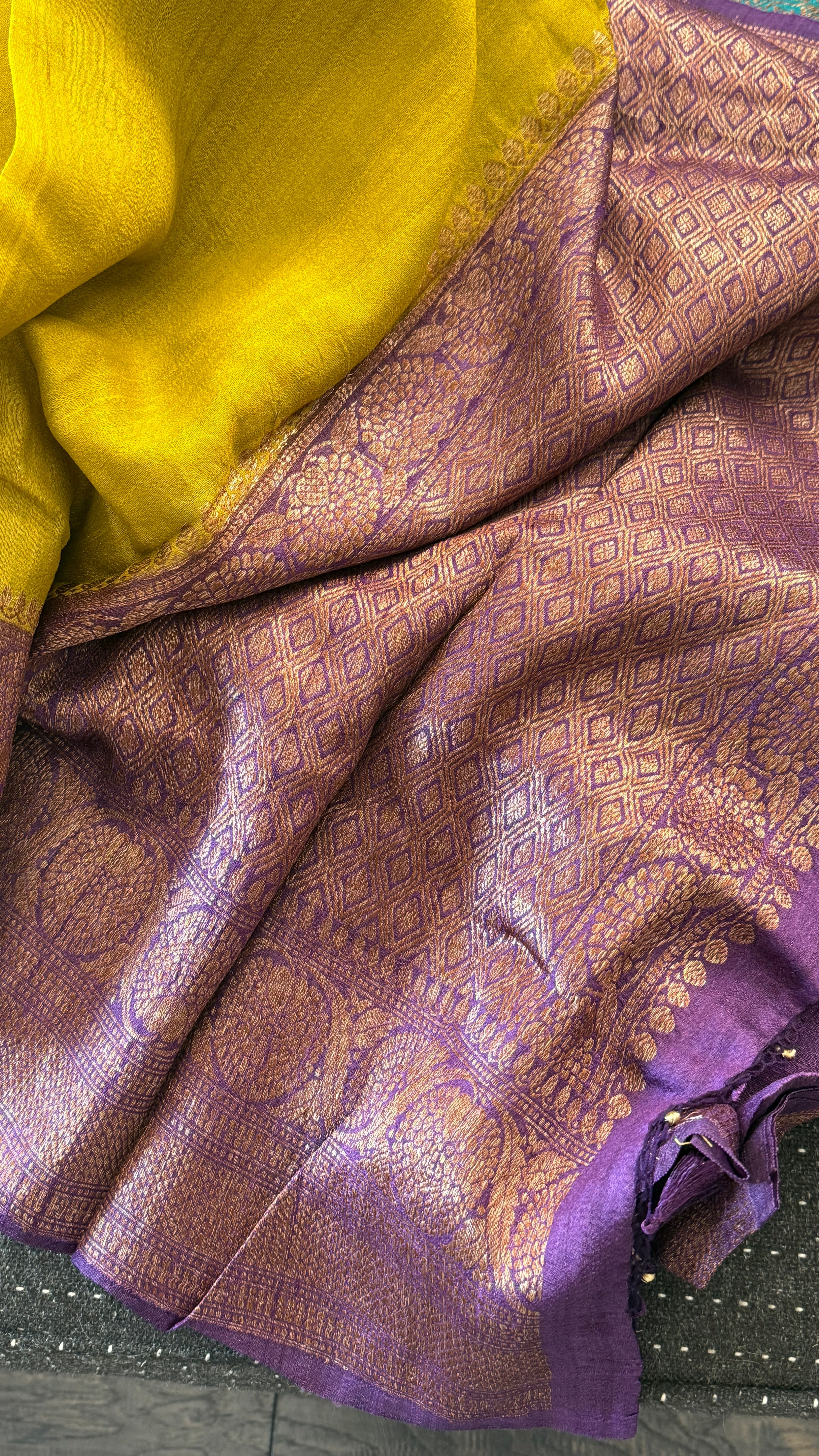 Tussar Silk Banarasi - Lemon Ochre Purple Antique Zari