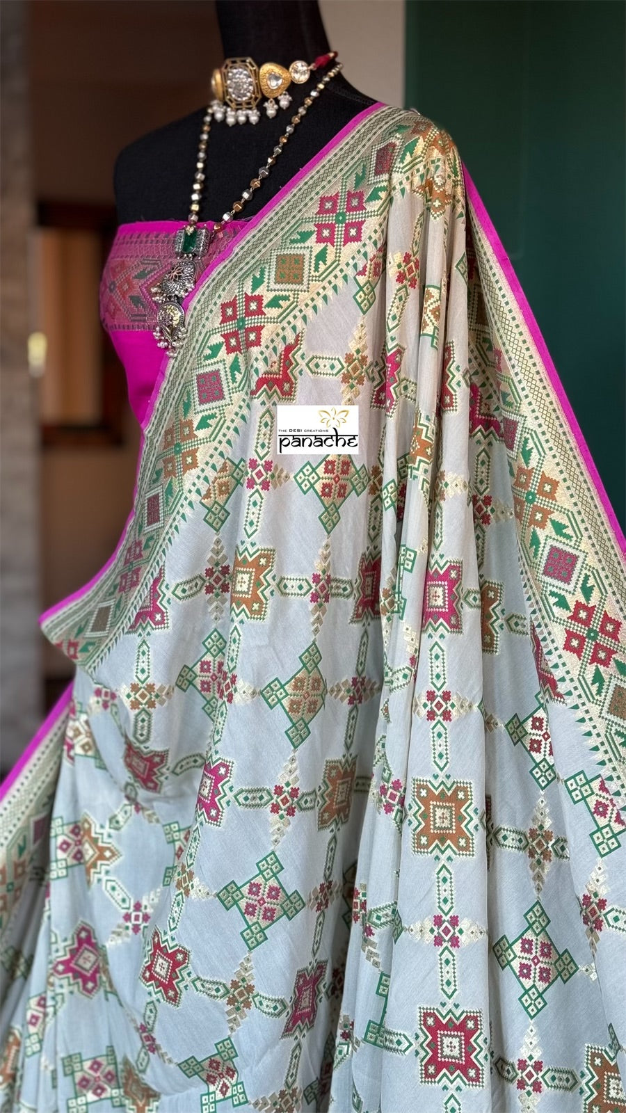 Khaddi Muga Silk Tilfi Banarasi - Beige Pink Patola Woven