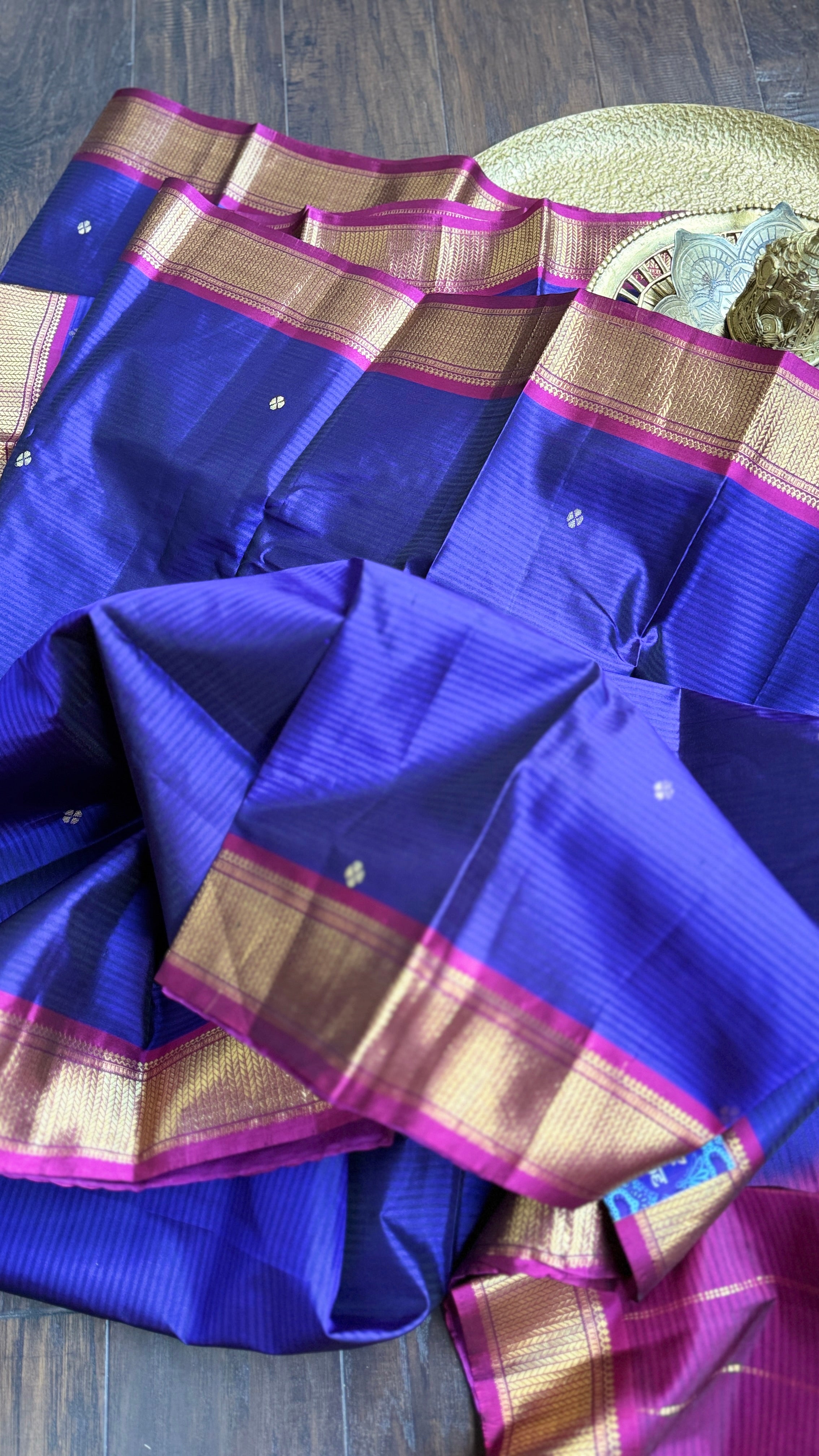 Pure Silk 1gm Zari Kanjivaram - Purple Blue Pink self Stripe