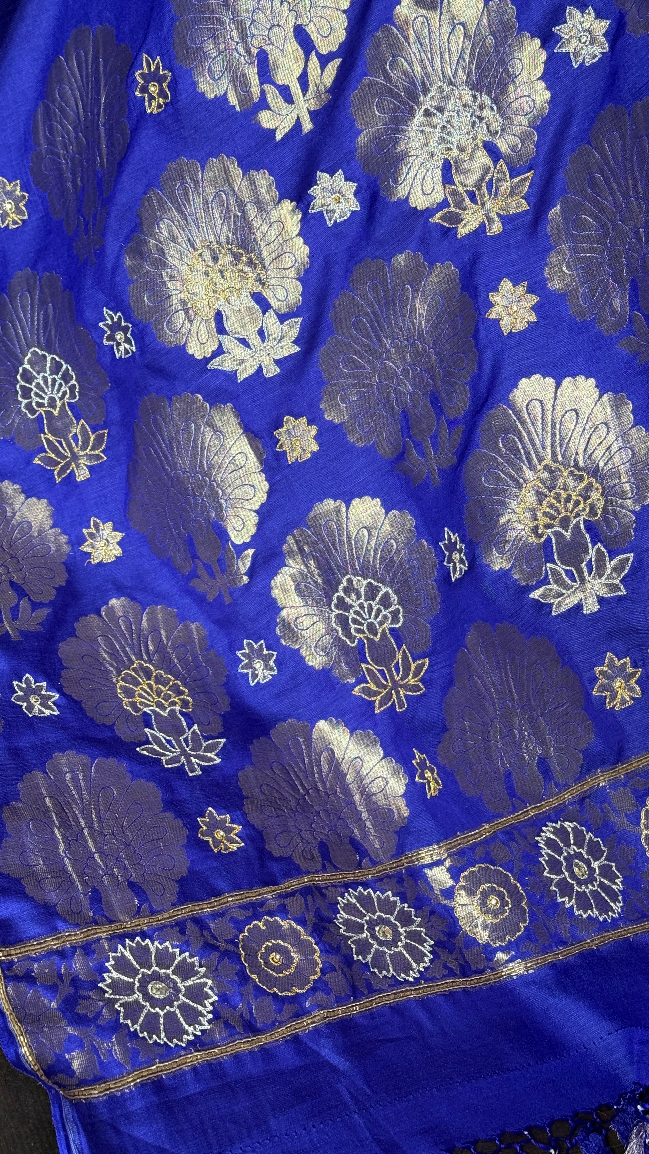 Designer Muga Chiffon Banarasi - Purple Blue Hand Zardozi Embroiderd