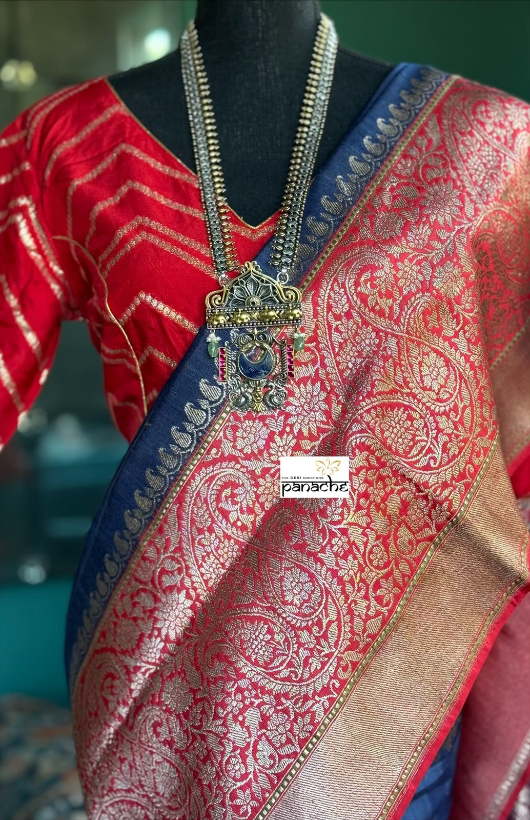 Pure Tassur by Katan Silk Banarasi - Navy Blue Red