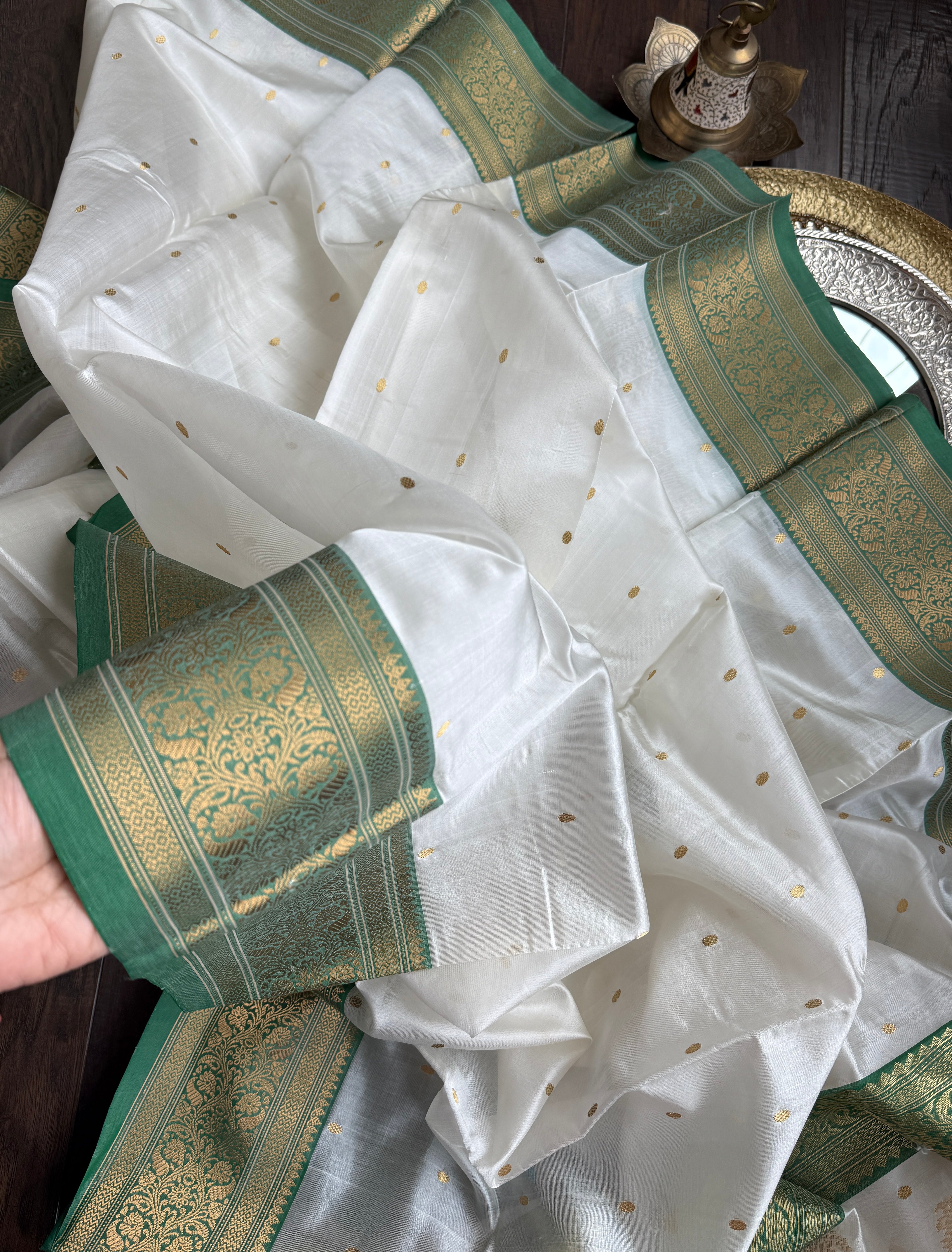 Pure Chanderi Pattu Silk - Cream Green Gold Zari Woven