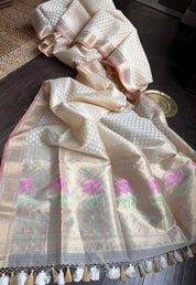 Silk Cotton Kora Banarasi - Cream Paithani Pallu