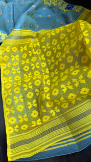 Dhakai Jamdani  - Light Blue Yellow Copper Zari  Woven