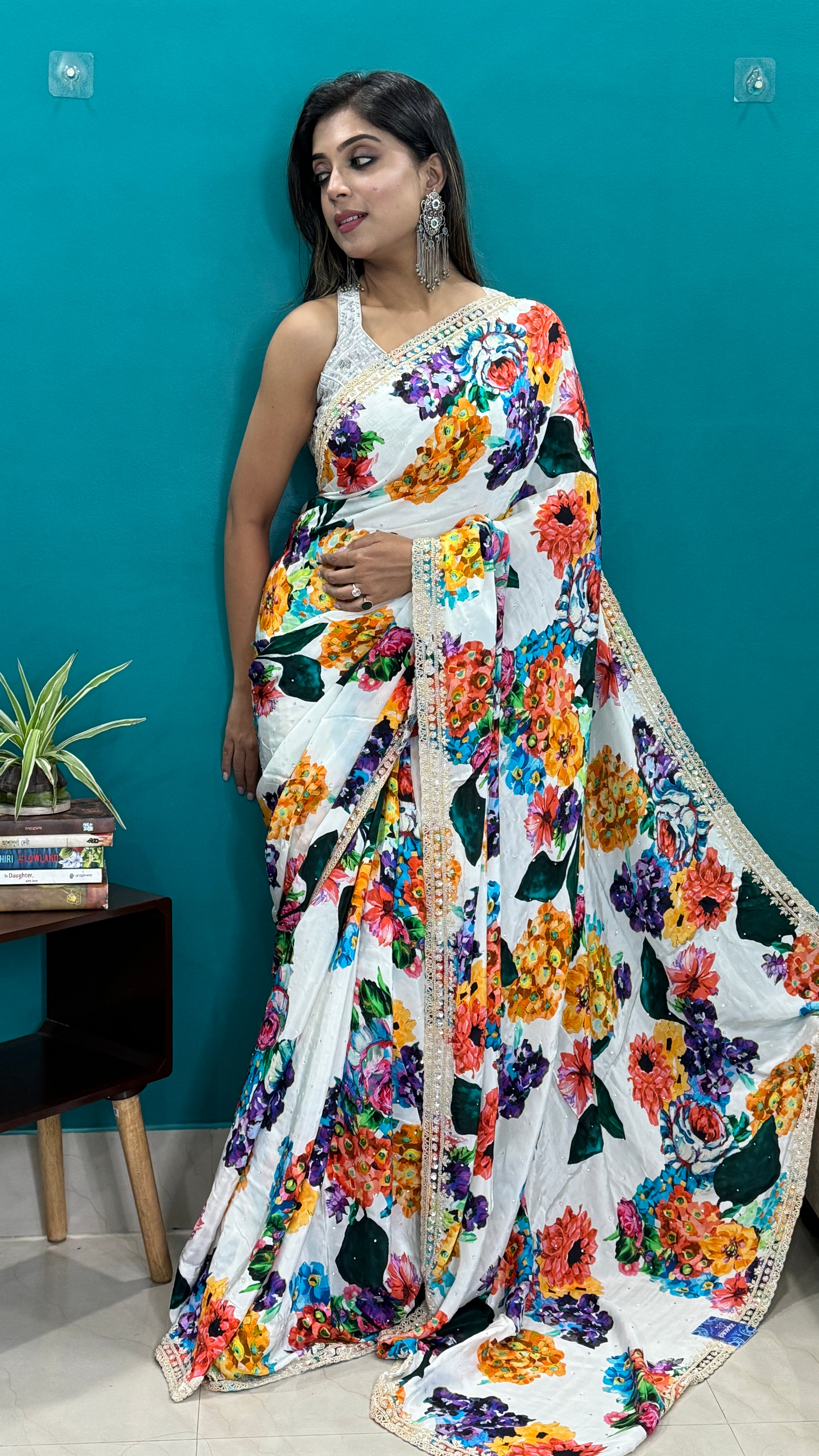 Designer Crepe Satin - White Multi Color