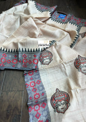 Pure Tussar Silk - Beige Grey Red Hand-Block Printed