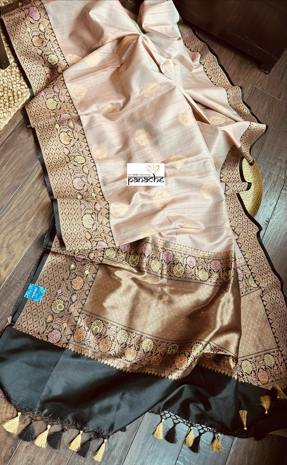 Tussar Silk Banarasi - Light Peach Brow Antique Zari