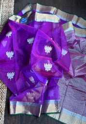 Pure Chanderi Organza Silk - Purple Green Lotus