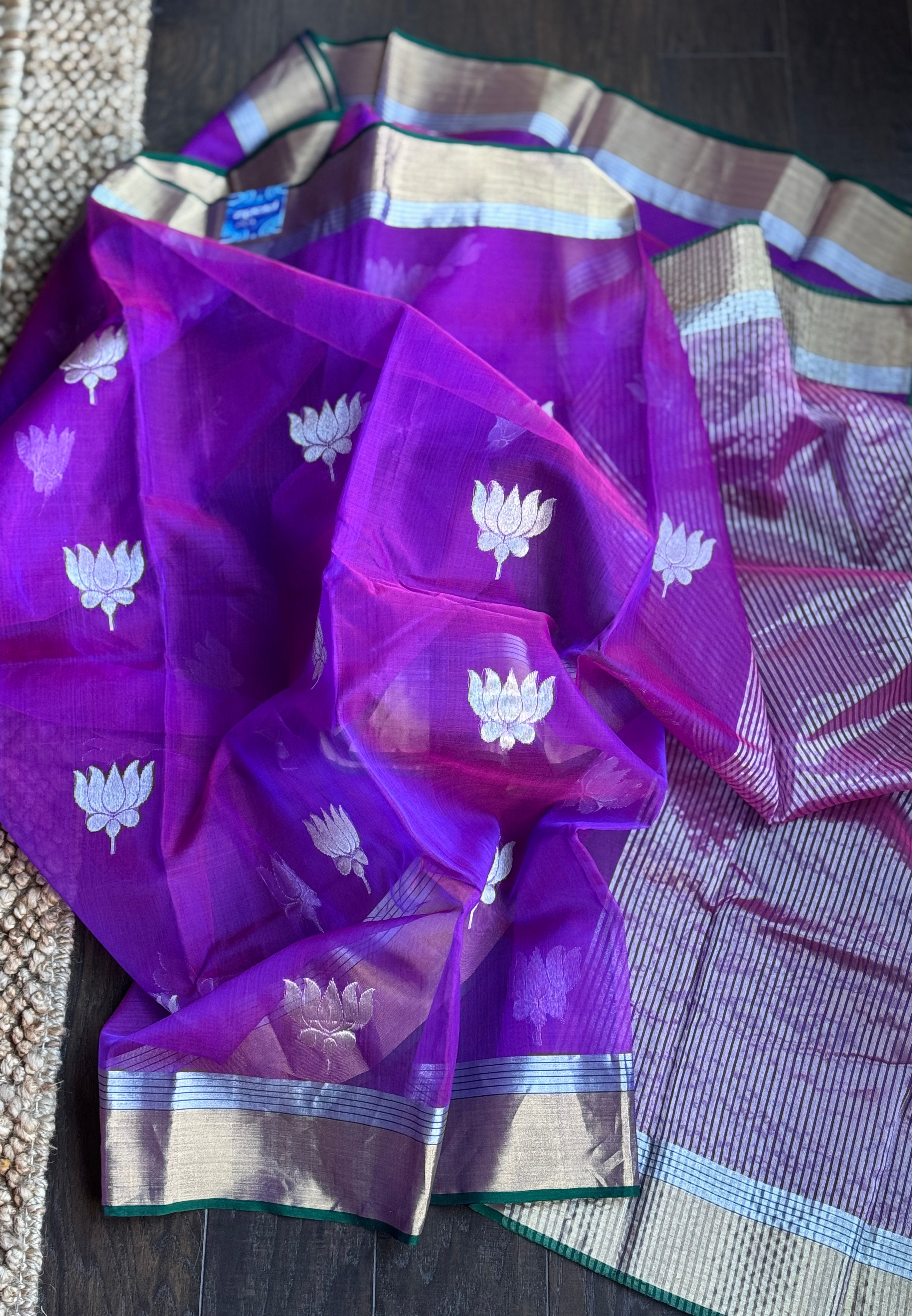 Pure Chanderi Organza Silk - Purple Green Lotus