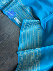 Handwoven Tussar Silk - Firozi Blue Golden Zari