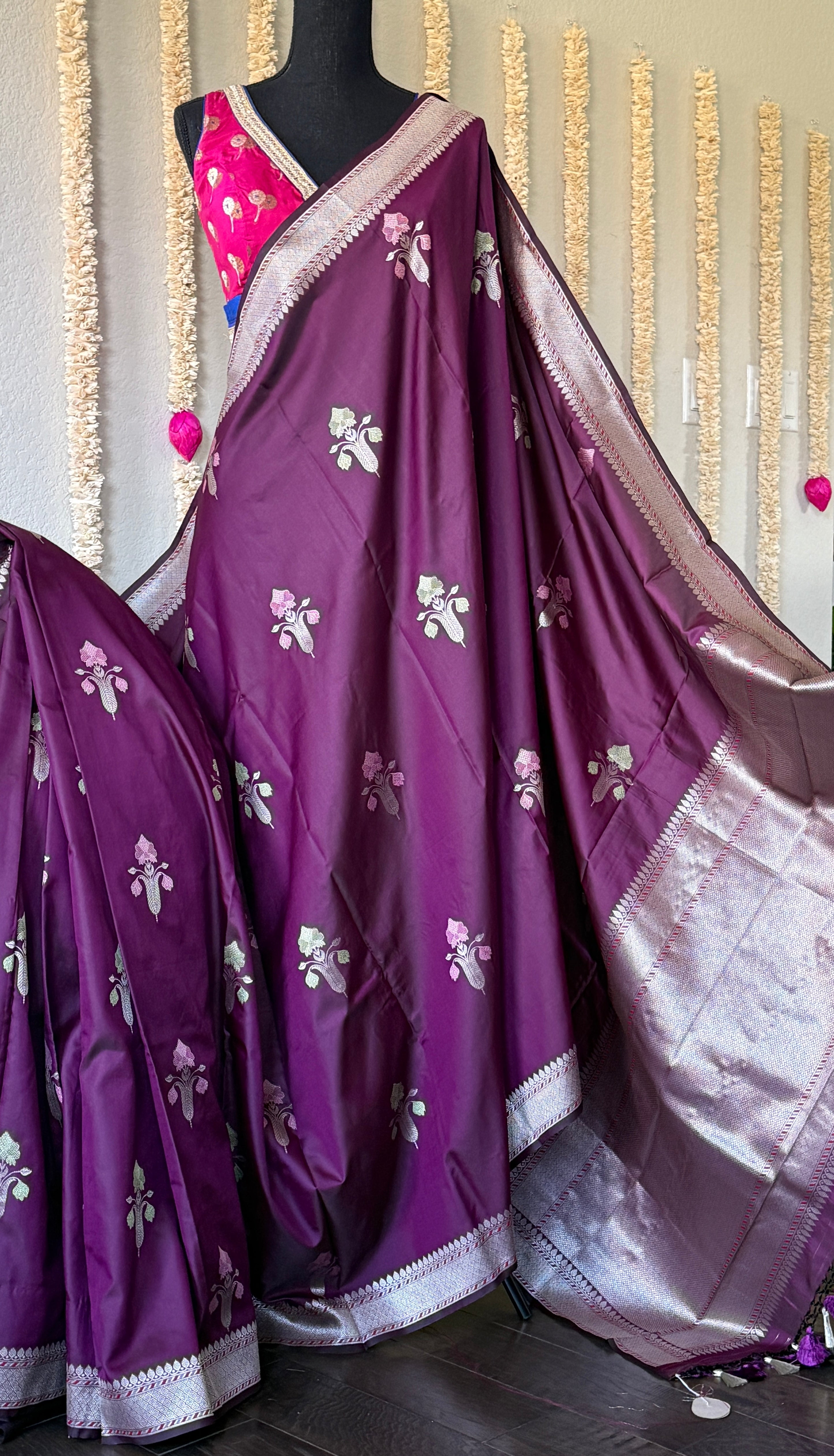 Soft Silk Banaras Saree - Plum Meenakari