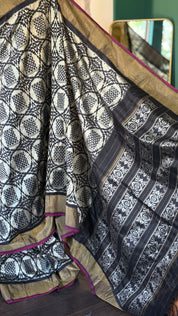 Pure Silk Ikat -  Silver Grey Black Pochampally