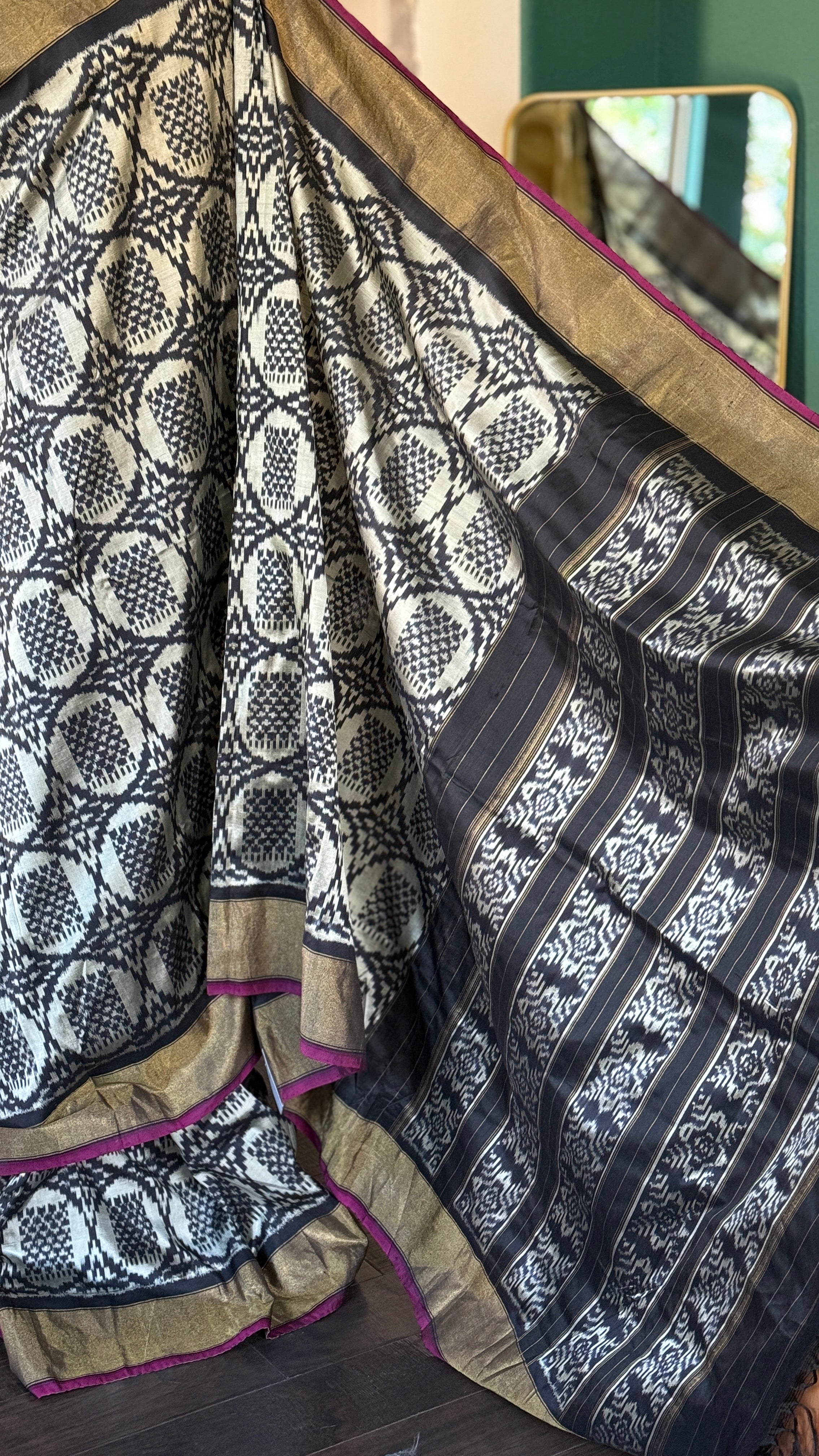 Pure Silk Ikat -  Silver Grey Black Pochampally