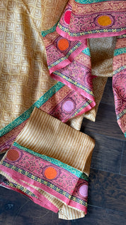 Printed Tussar Silk Kantha Stitch - Light Ochre Yellow