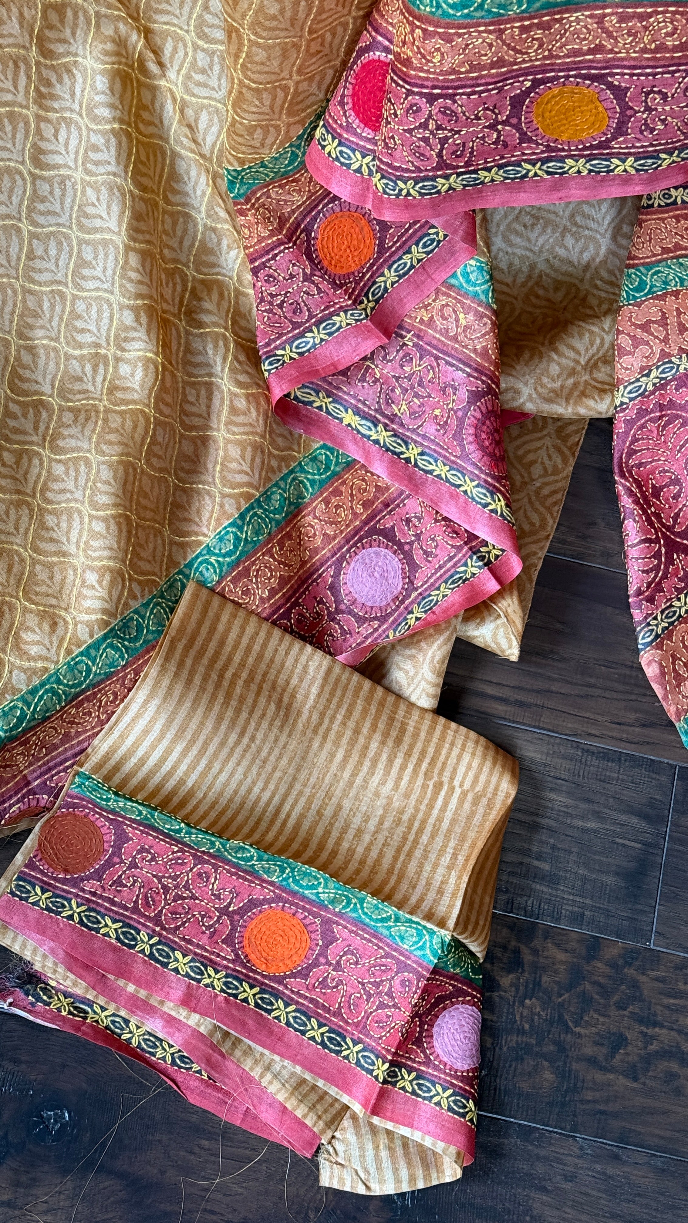 Printed Tussar Silk Kantha Stitch - Light Ochre Yellow