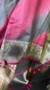 Tussar Silk Banarasi Shaded - Grey Raspberry Pink Antique Golden Zari