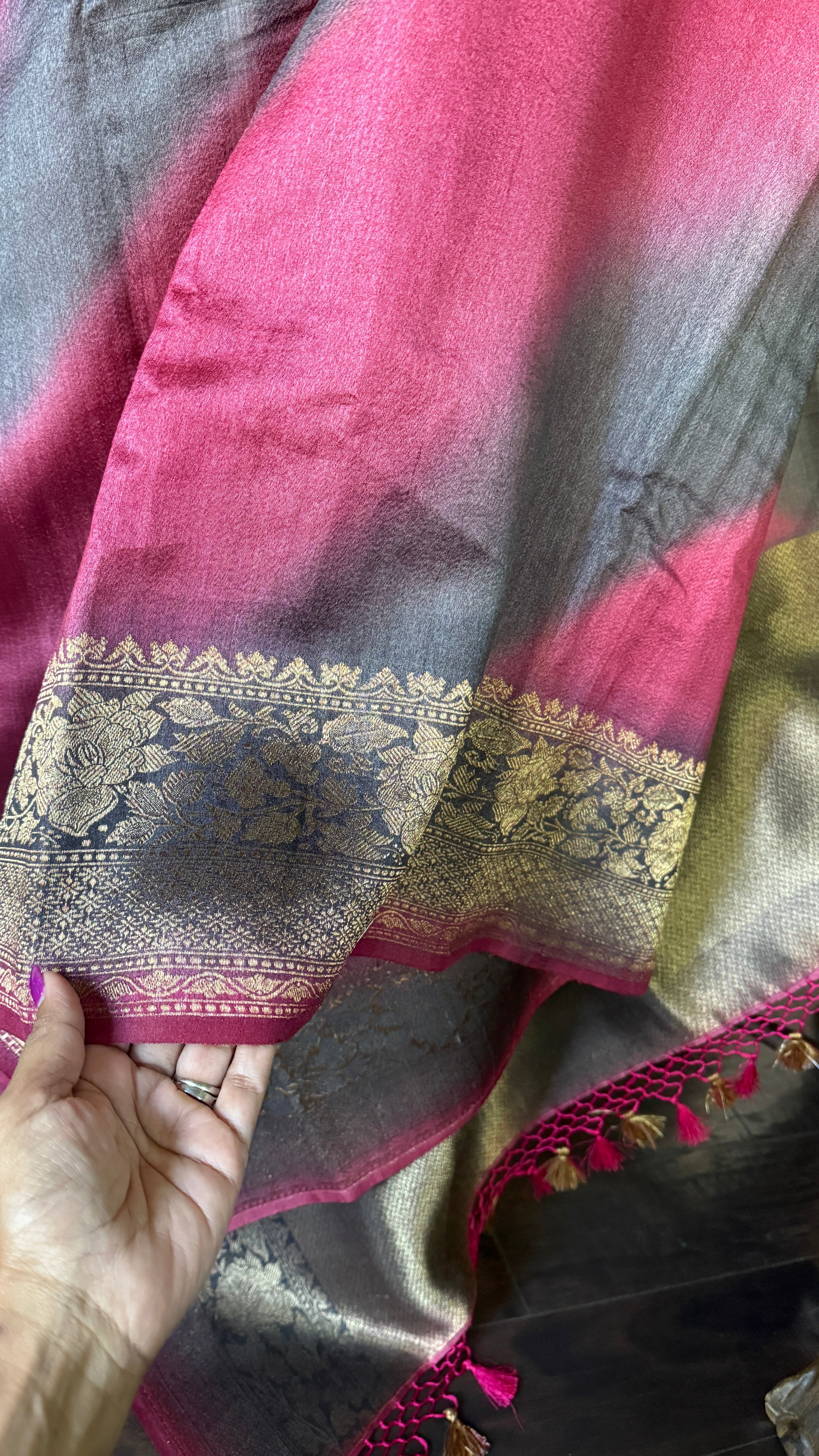 Tussar Silk Banarasi Shaded - Grey Raspberry Pink Antique Golden Zari