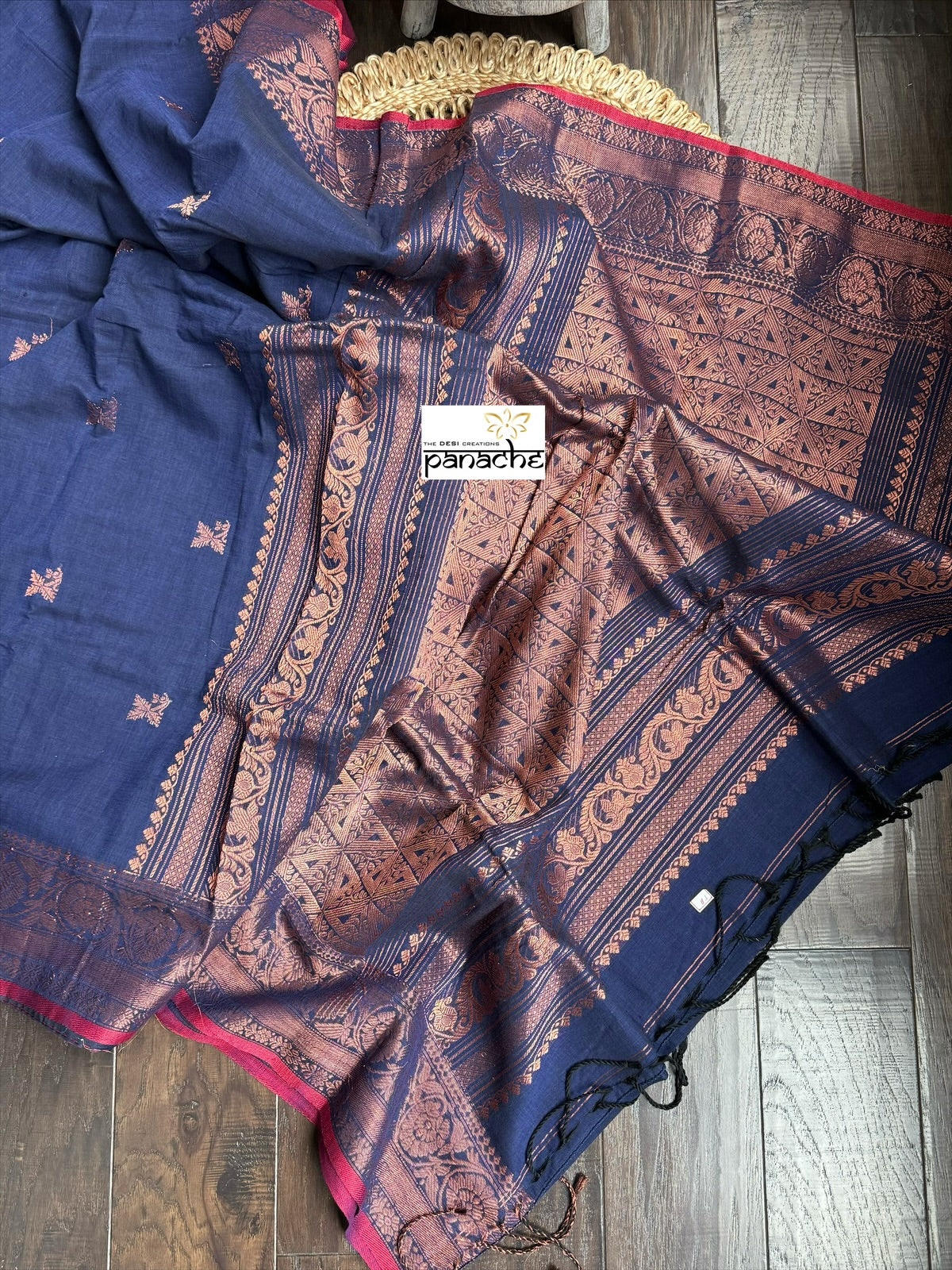 Pure Khadi Cotton Handloom - Navy Blue Red Copper Zari (Copy)