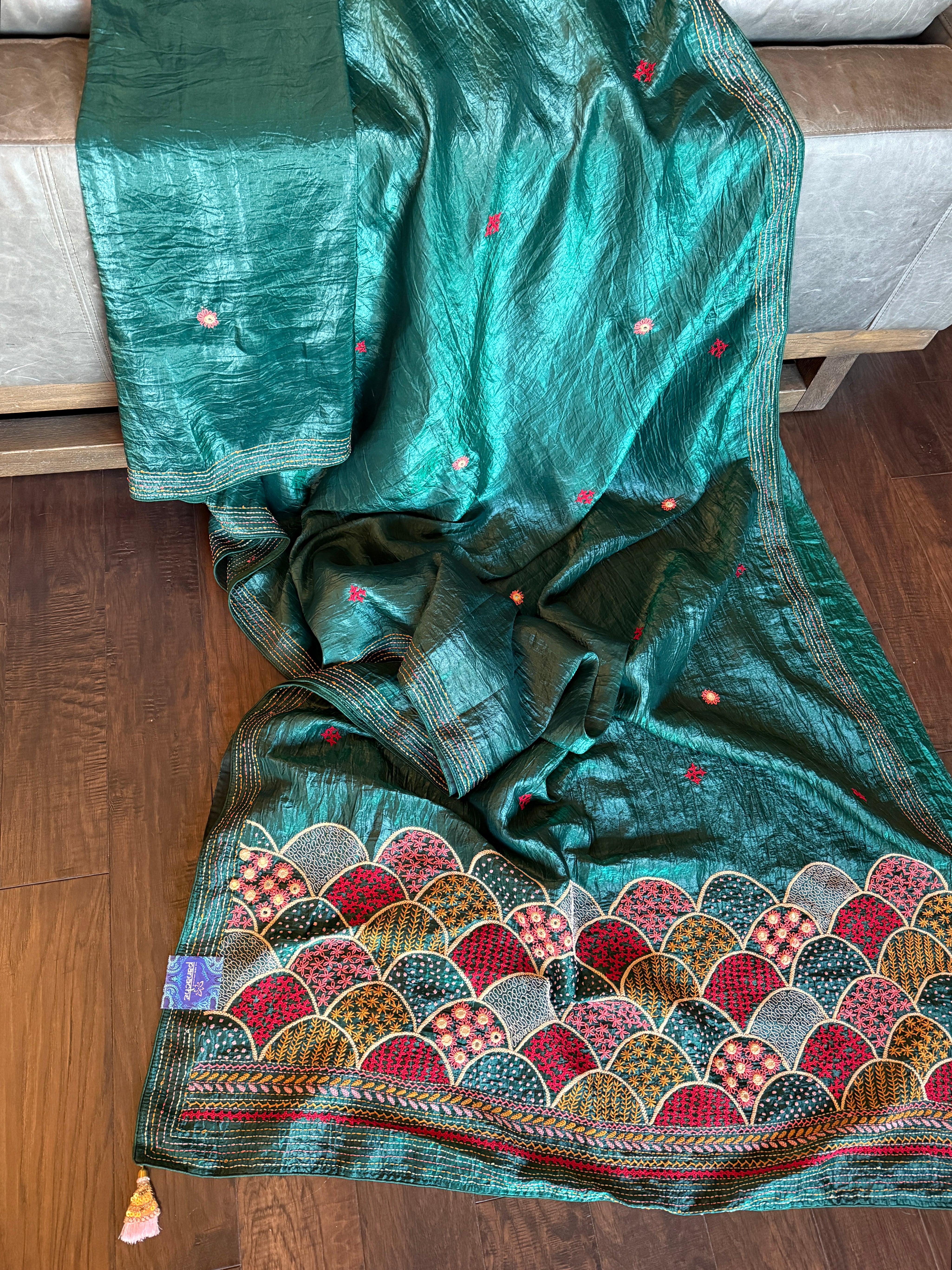 Designer Crushed Silk - Teal Gree Hand Lambani