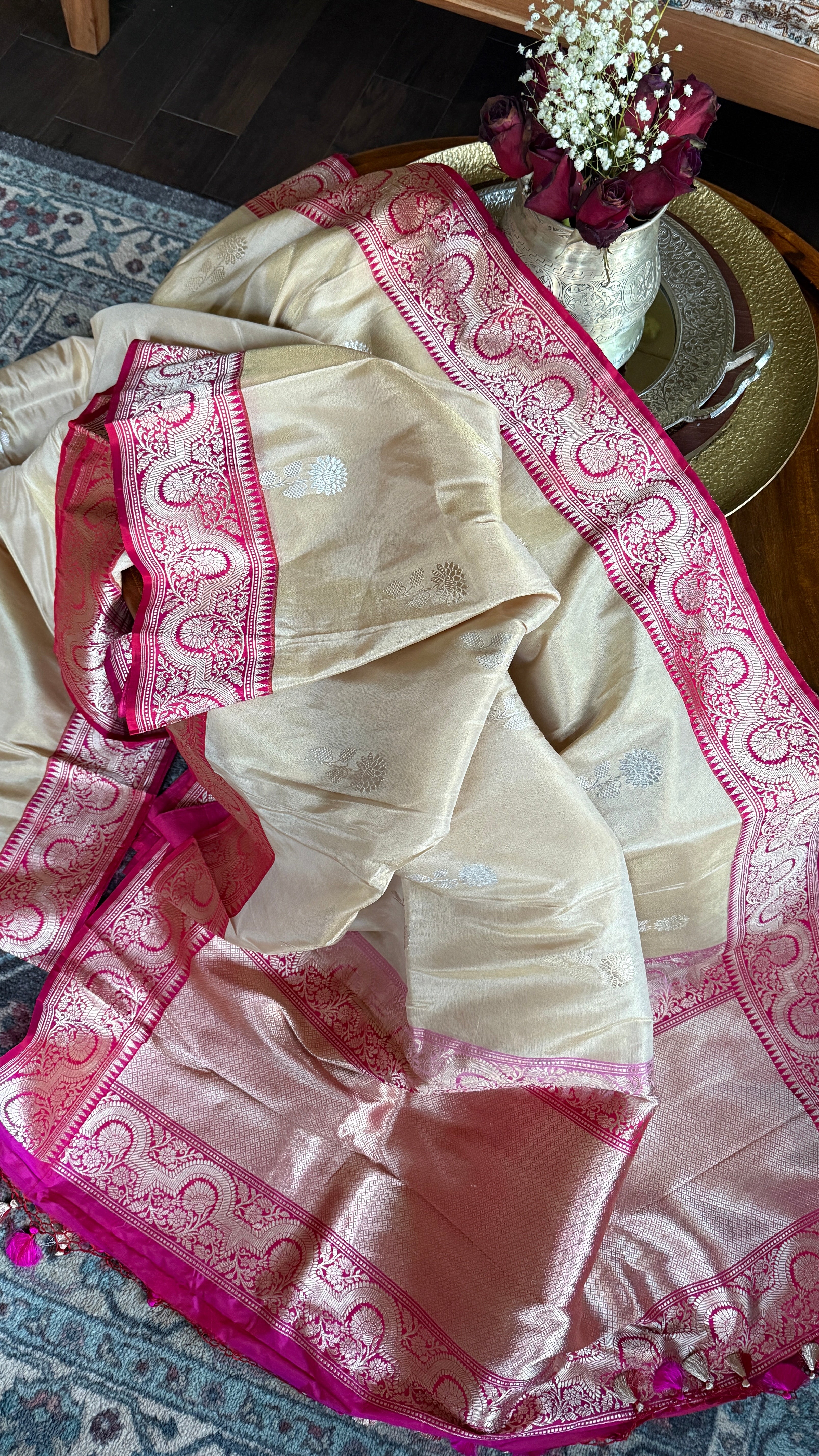 Pure Tissue Katan Silk Banarasi - Golden Beige Magenta