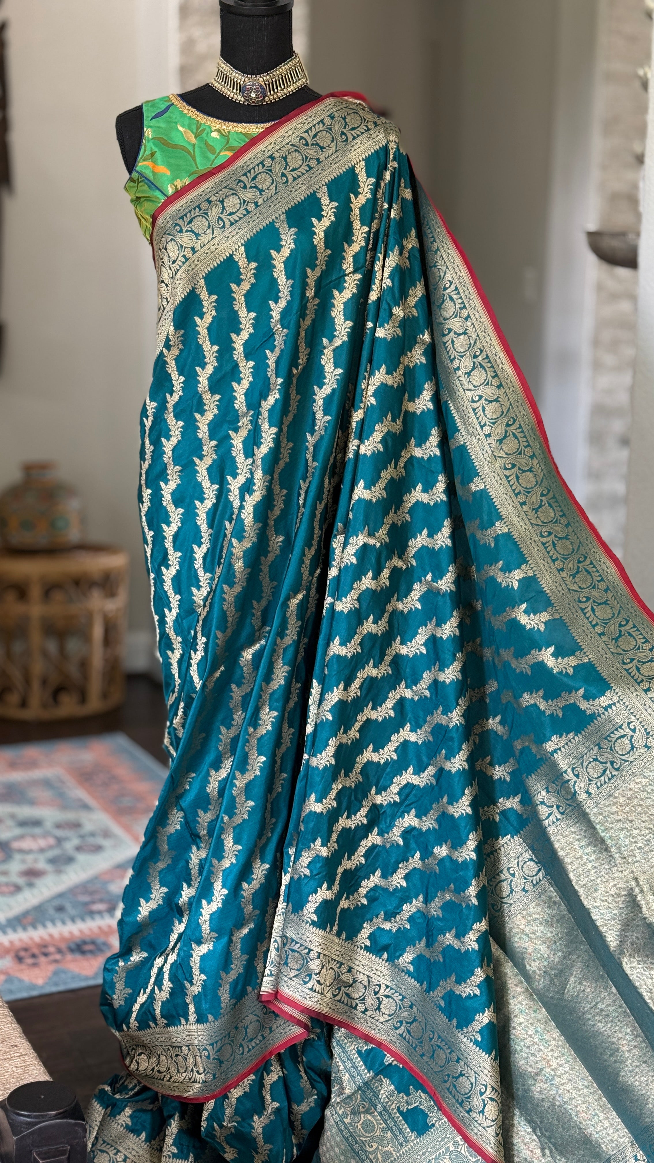 Katan Silk Leheriya Banarasi - Teal Blue Antique Zari