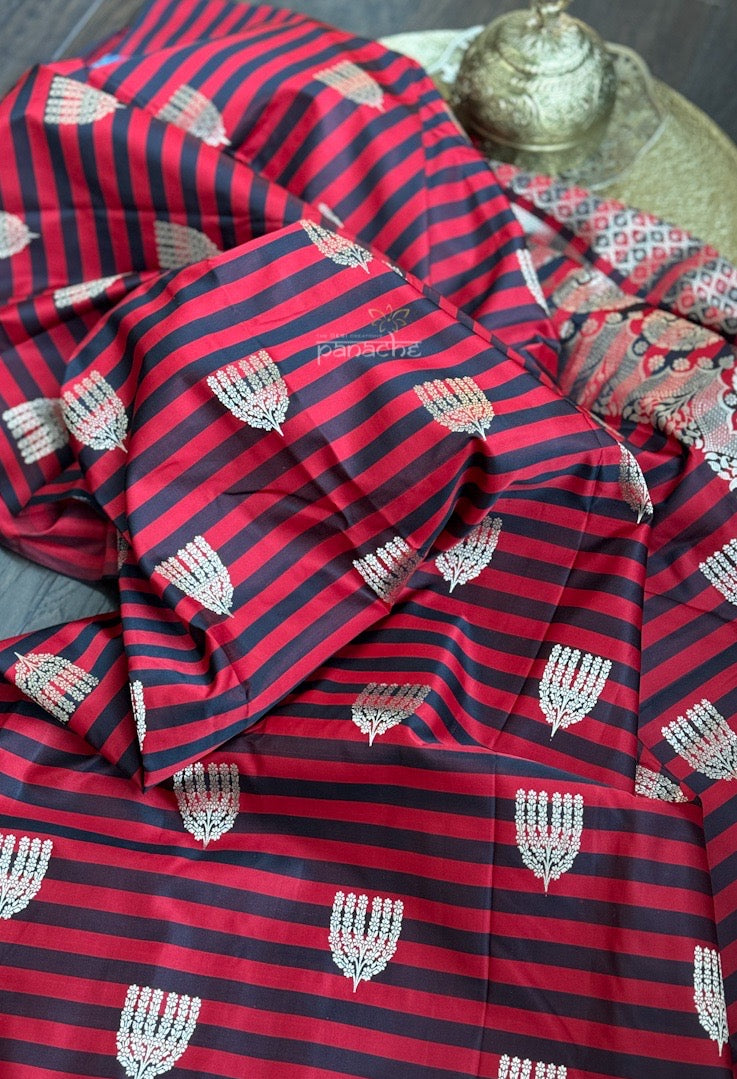 Pure Silk Mashru Banarasi- Red Black striped