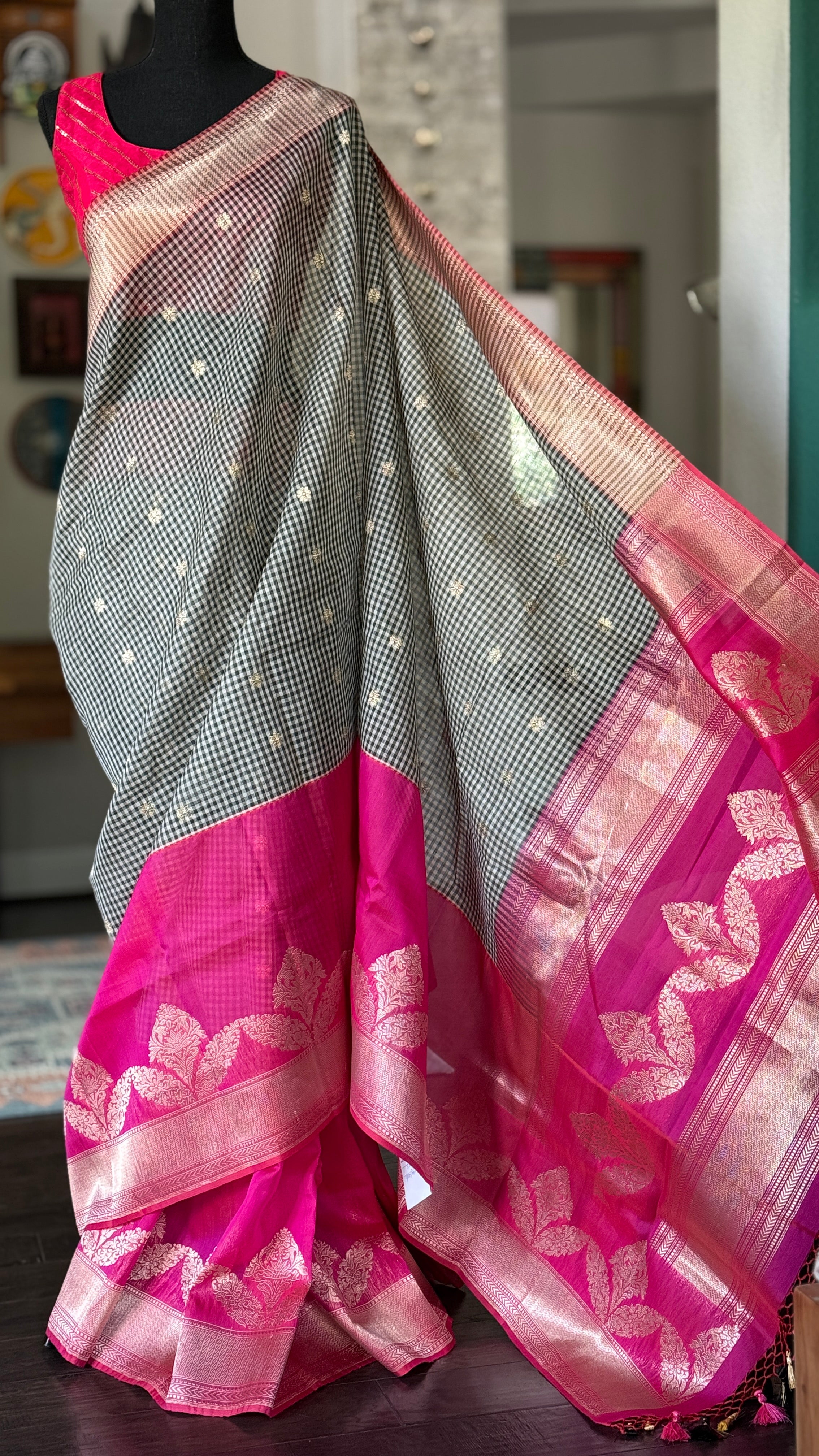 Kora Linen Silk Banarsi - Black White Checks Pink