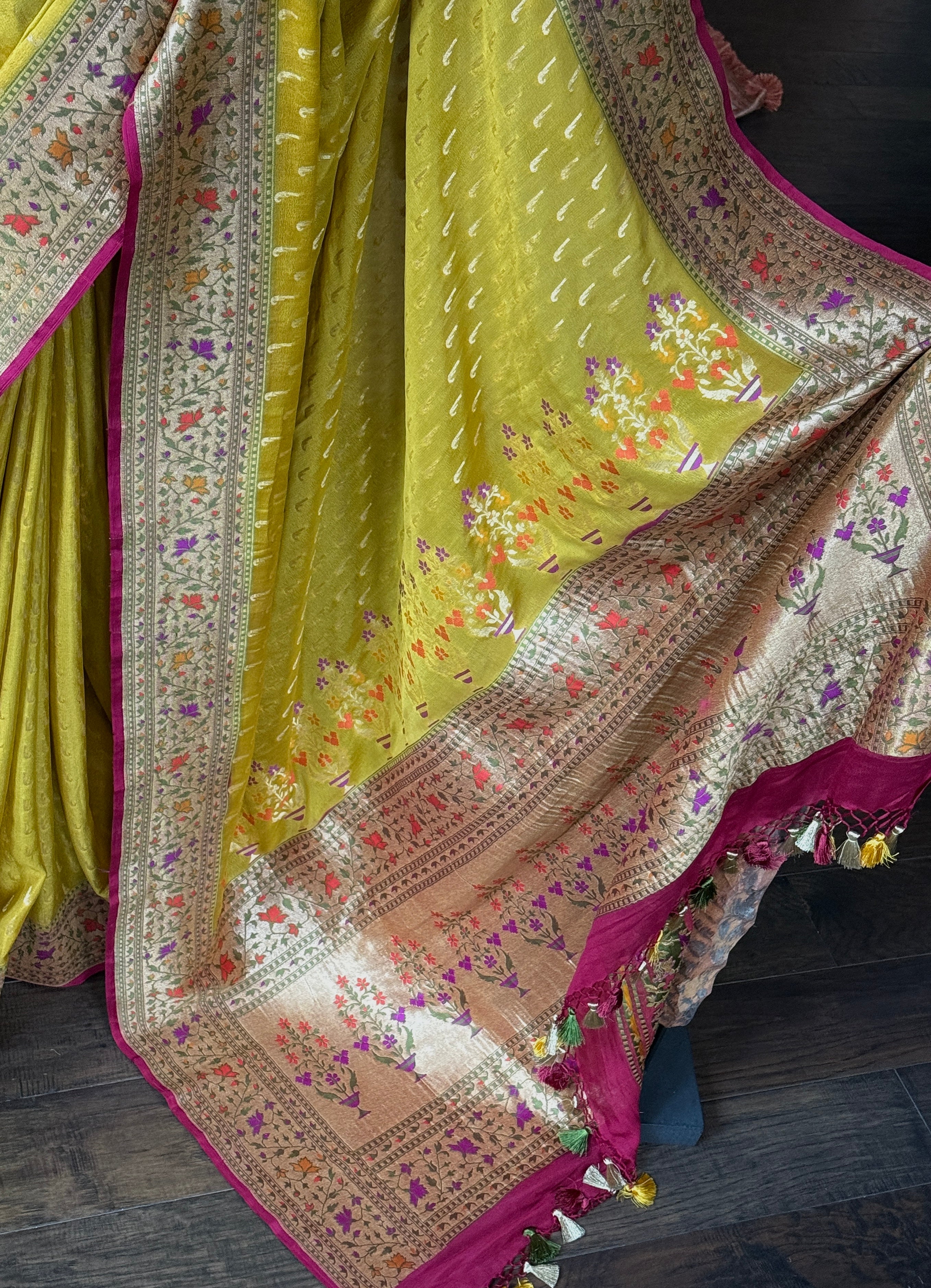 Khaddi Georgette Banarasi - Ochre Yellow Mahendi Paithani
